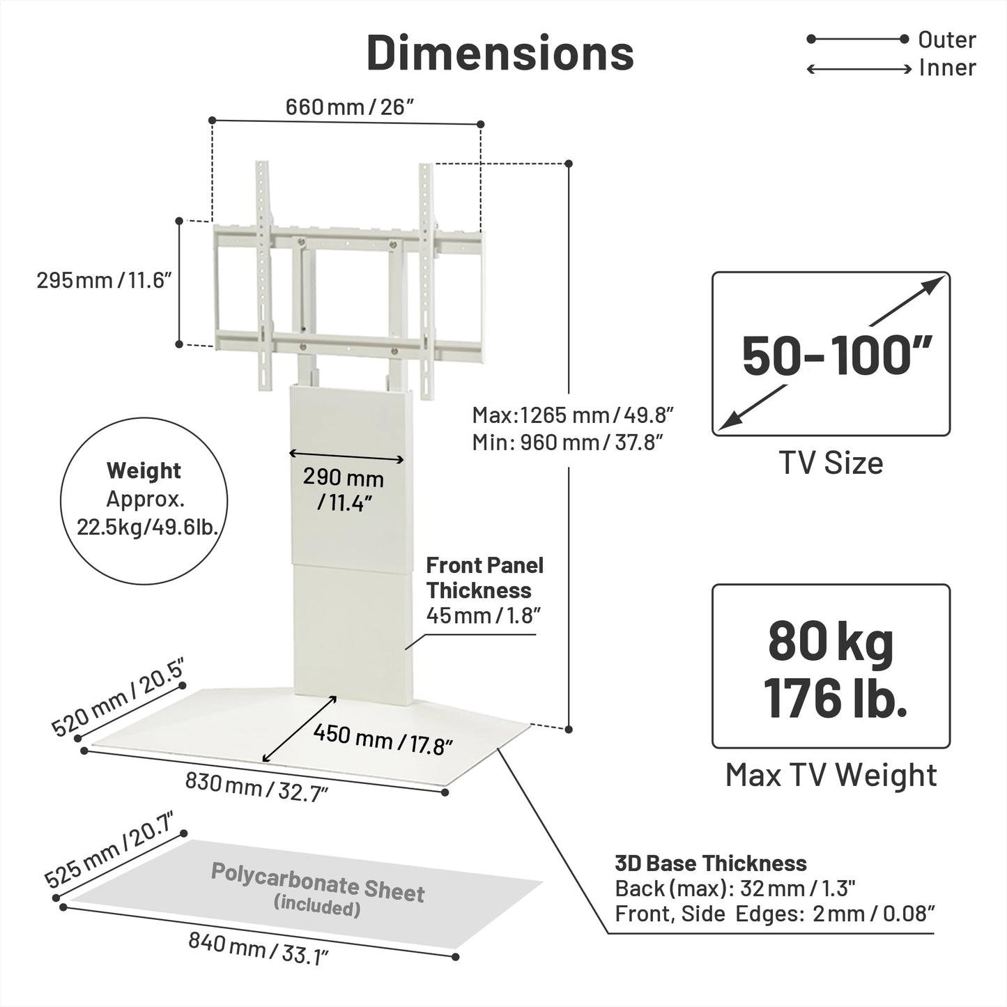 WALL V4 | Sleek Shallow Floor TV Stand for Extra Large 50-100 Inch | Satin White | for Large Screens | Living Room and Bedroom, Space Saving, Adjustable Mount, No Drill, Japan-Engineered Design