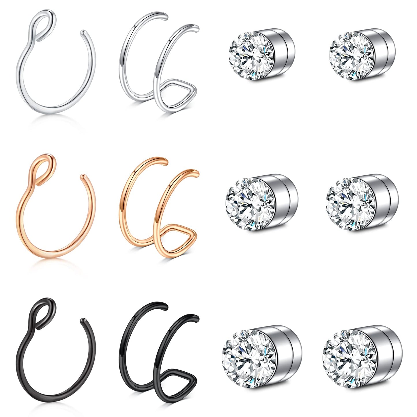 JFORYOU Fake Nose Ring Hoop Faux Nose Piercing Non Piercing Fake Nose Piercing Double Fake Nose Rings for Women Men