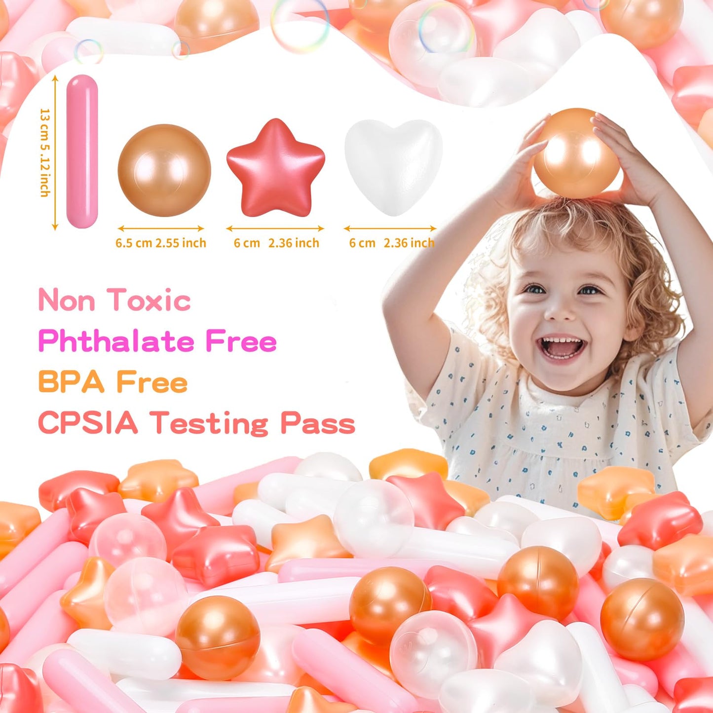 Heopeis Ball Pit Balls Stars Hearts Strip Shapes for Toddlers - 50 150 200 500 Plastic Toy Balls for Boy Girls Ballpit Play Tent Playhouse, Kids Pool Water Toys, Birthday Party Decorations
