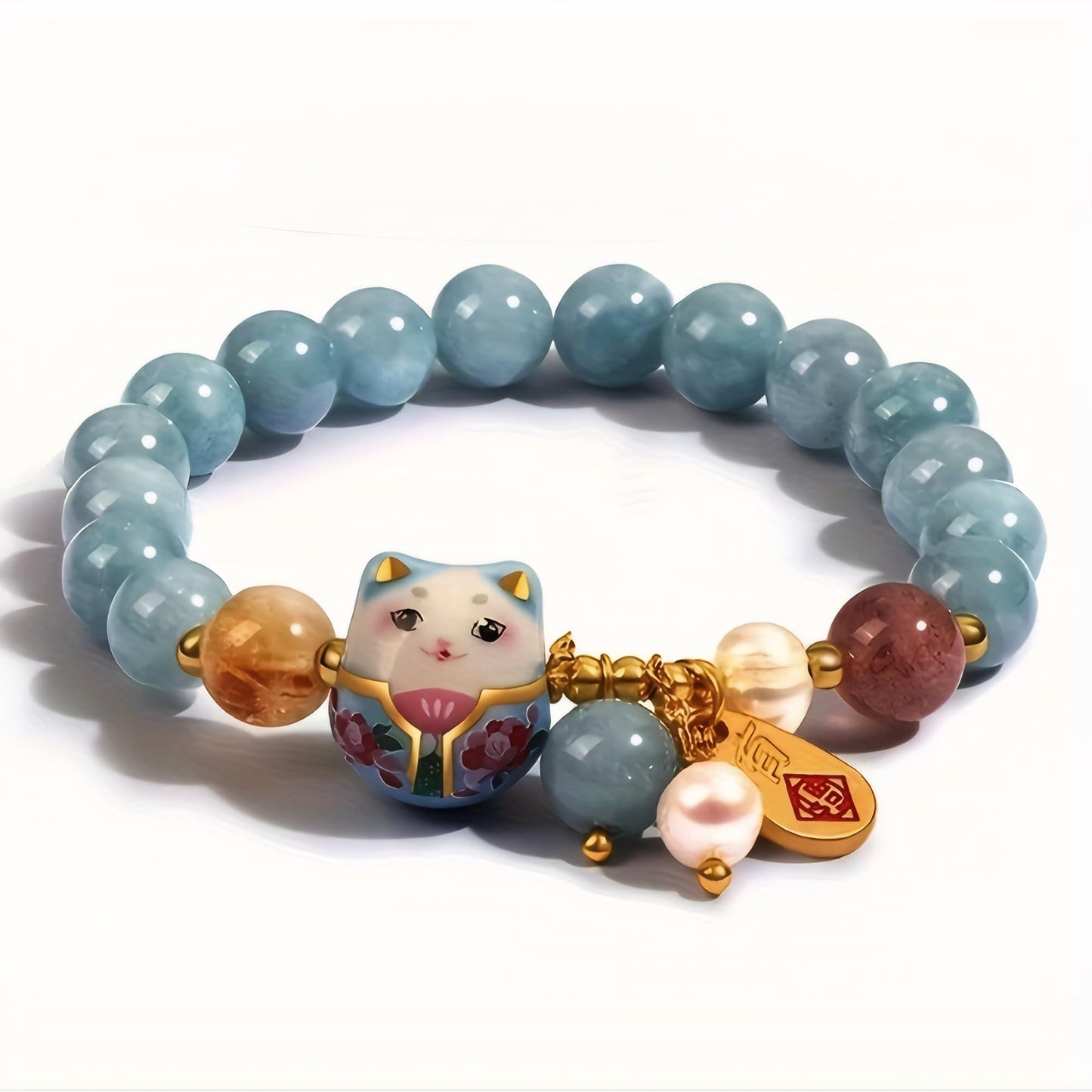 Lucky Cat Bracelet with Blue Crystal, Ceramic Cat Pendant, Feng Shui Good Luck Jewelry for Women, Wealth & Protection Bracelet