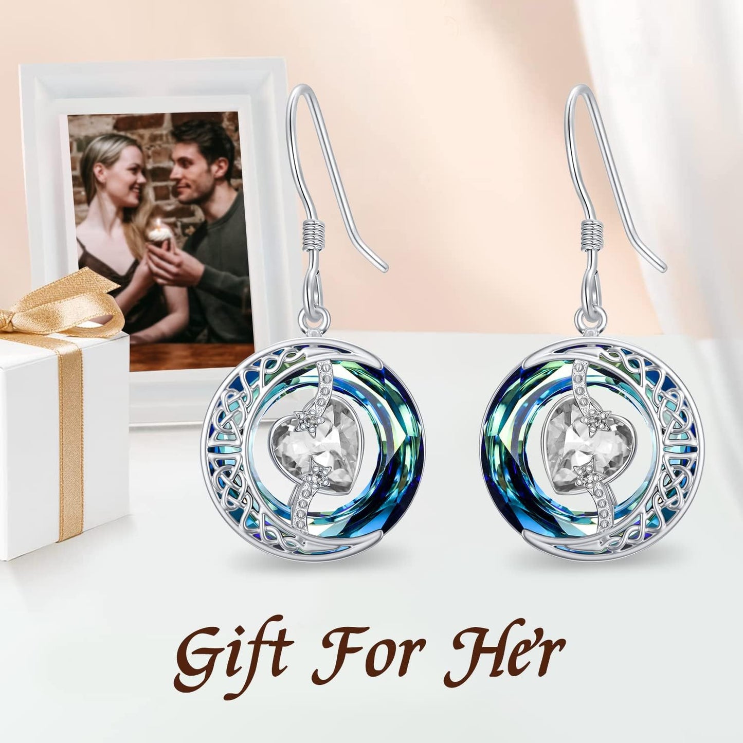 TOUPOP Synthetic Diamond Earrings April Birthstone Earrings Sterling Silver Moon and Star Drop Dangle Earring Jewelry Blue Crystal Birthday Mothers Day Gifts for Women Mom Her