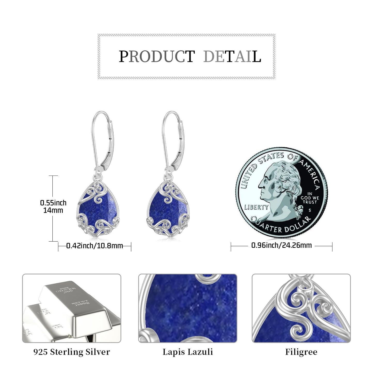 KoyeKei Lapis Lazuli Filigree Leverback Earrings for Women 925 Sterling Silver Lapis Lazuli Teardrop Dangle Drop Earrings Jewelry Filigree Graduation Birthday Gifts for Lover Girlfriend Her