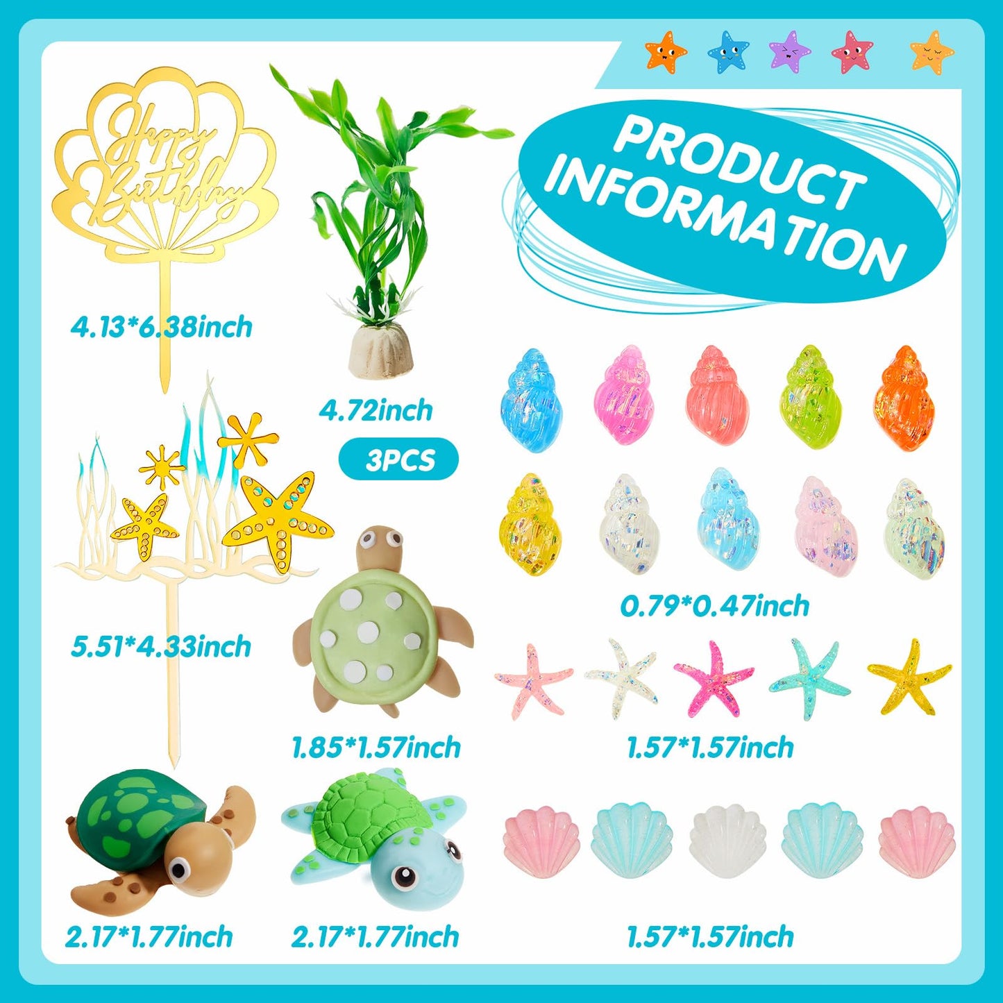 Taiyin 28 Pieces Under the Sea Cake Decorations Turtle Birthday Decoration Turtle Cake Topper Seashell Topper ocean Conch Seashells Decorations for Under the Sea Themed Birthday Party Supplies