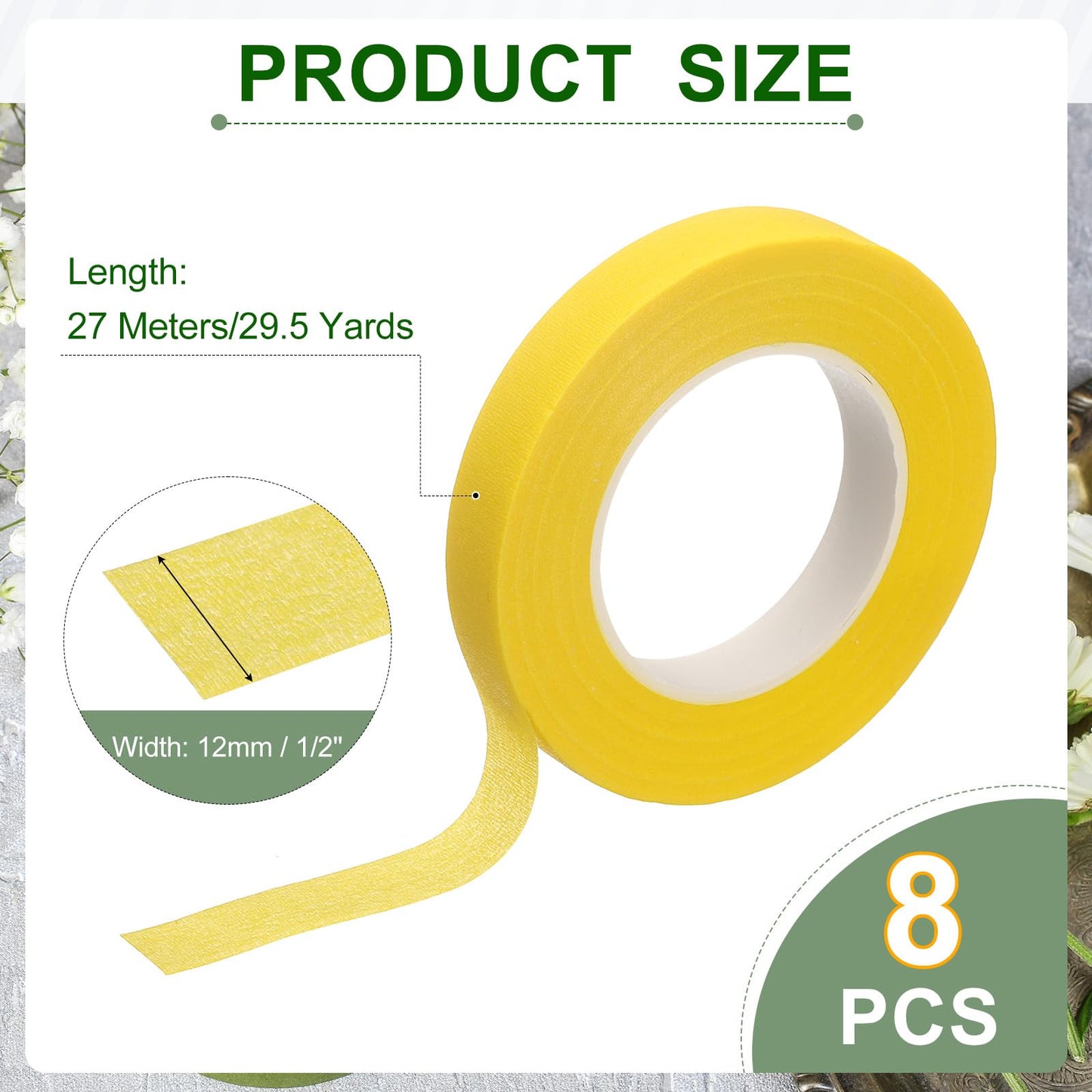 uxcell 8 Pcs Yellow Floral Tape 1/2" x 29.5 Yards Florist Wrap Adhesive Tape Flower Arrangements Supplies for Artificial Flowers Bouquet Stem Wrapping Floral Crafts Wedding Bouquet
