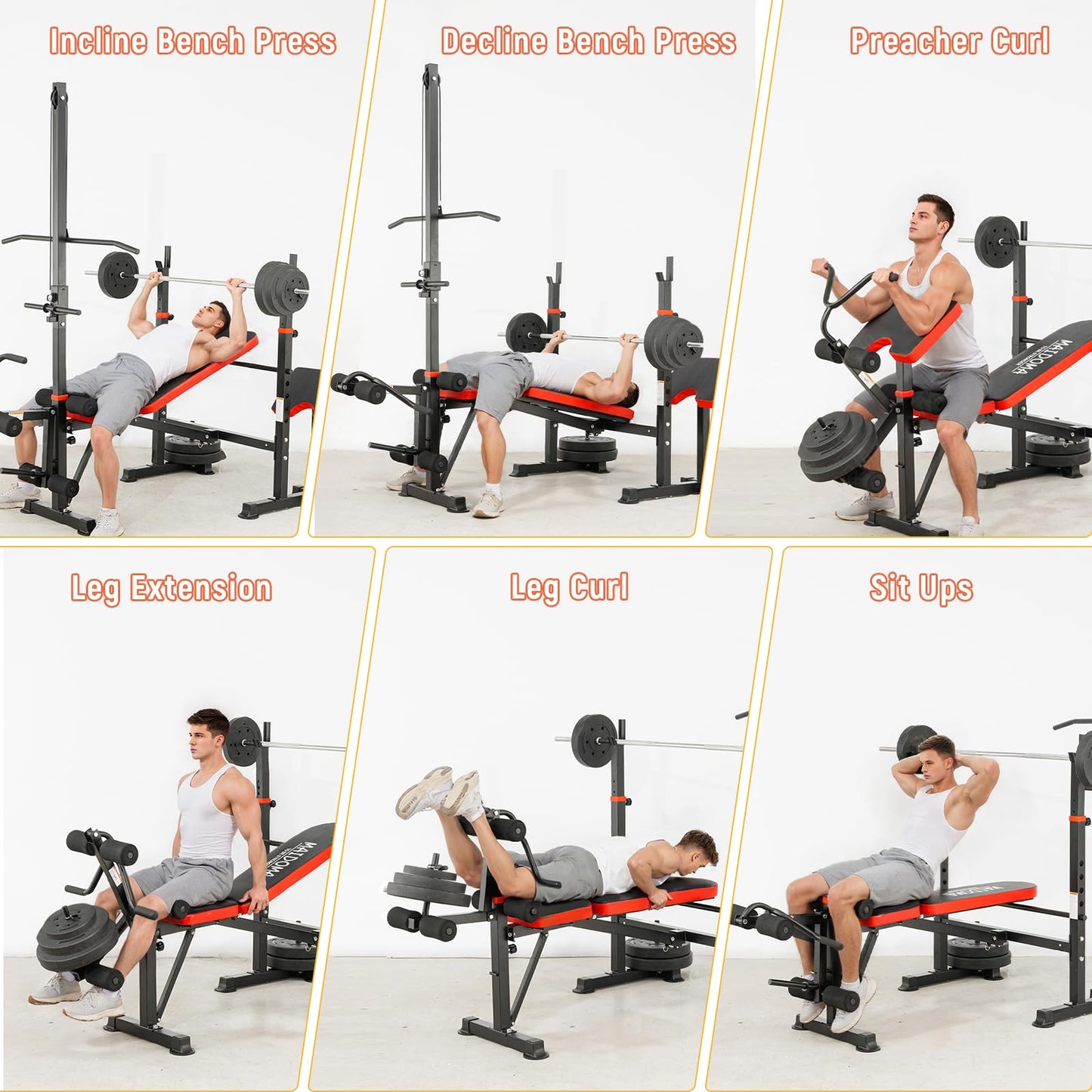 MAIDOMA 1500LB 8 IN 1 Weight Bench with Lat Pulldown and Leg Extension/Curl, Foldable Bench Press with Preacher Curl & Squat Rack, Workout Benches with Safety Bar Catches for Home Gym