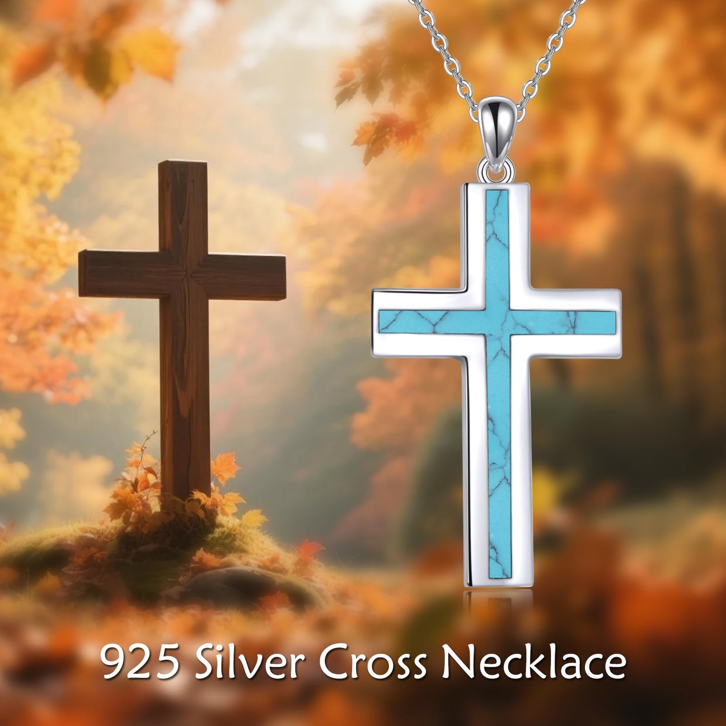 YFN Turquoise Cross Necklace Sterling Silver Cross Pendant Religious Jewelry Gifts for Women Men