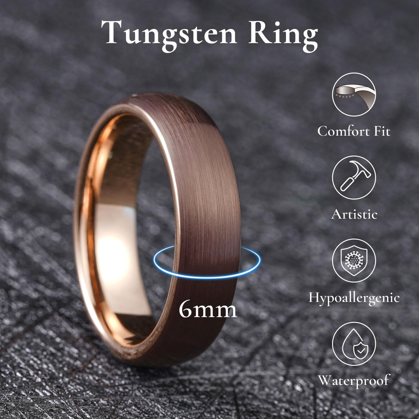 King Will 6mm Brown and Rose Gold Wedding Band for Men Women, Domed Brushed Tungsten Carbide Rings, Comfort Fit, Size 10.5