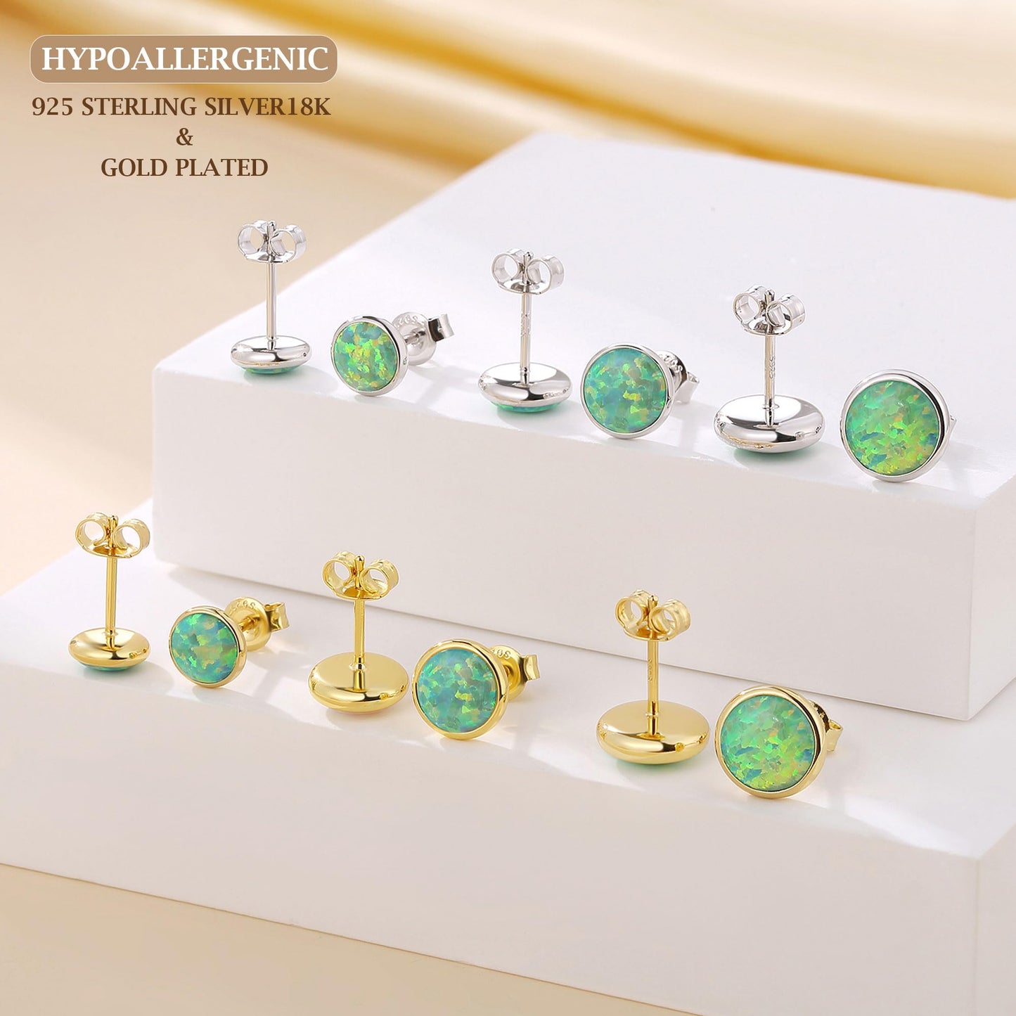 JiayangJY Silver Green Fire Opal Stud Earrings for Women 18K Yellow Gold Plated Sterling Silver Round Shape 8mm Opal Earrings with Push Back