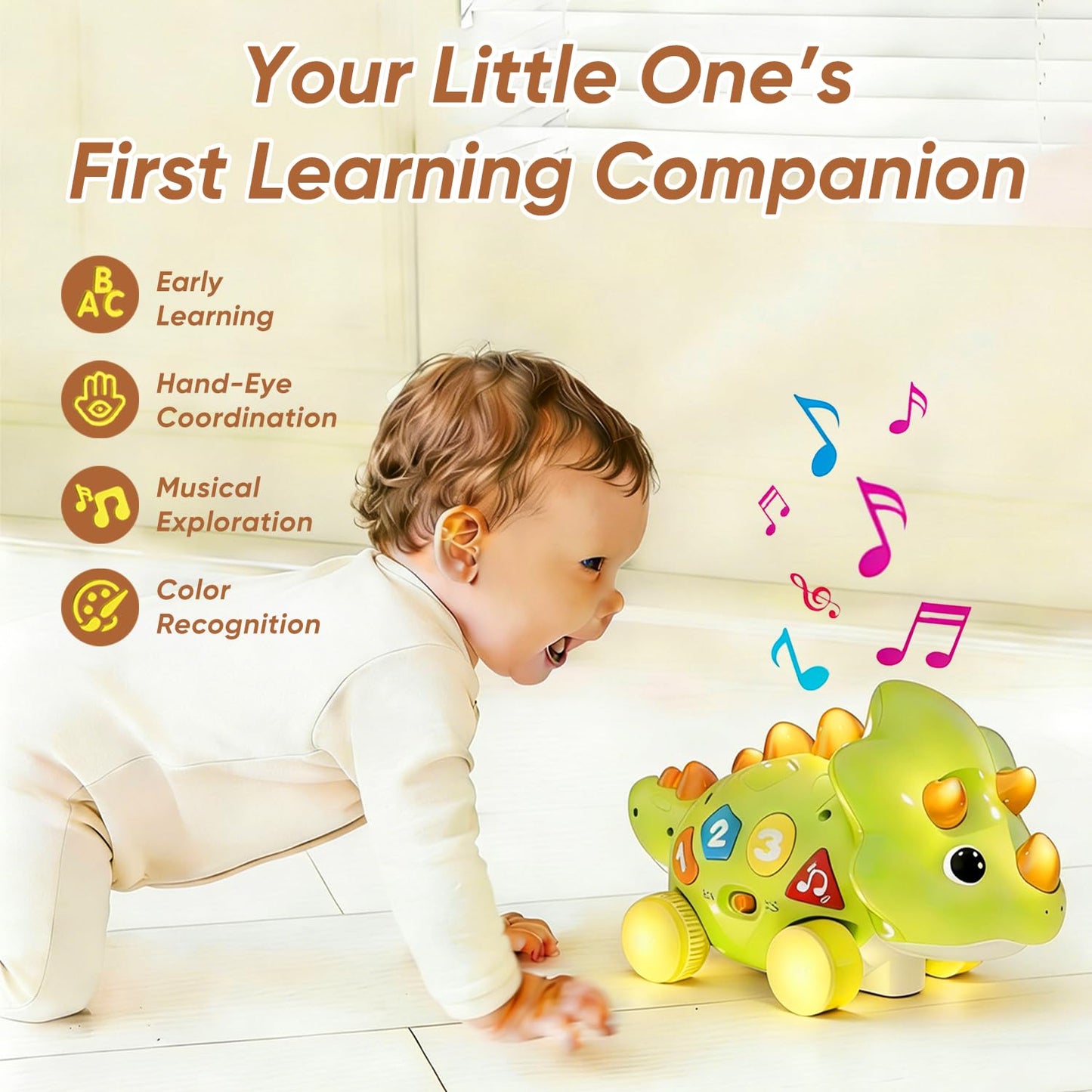 Seozio Dinosaur Baby Musical Toys, Dinosaur Tummy Time Toy with Musical for Kids, Early Learning Educational Crawling Toys Gifts for Toddlers Ages 1-3.