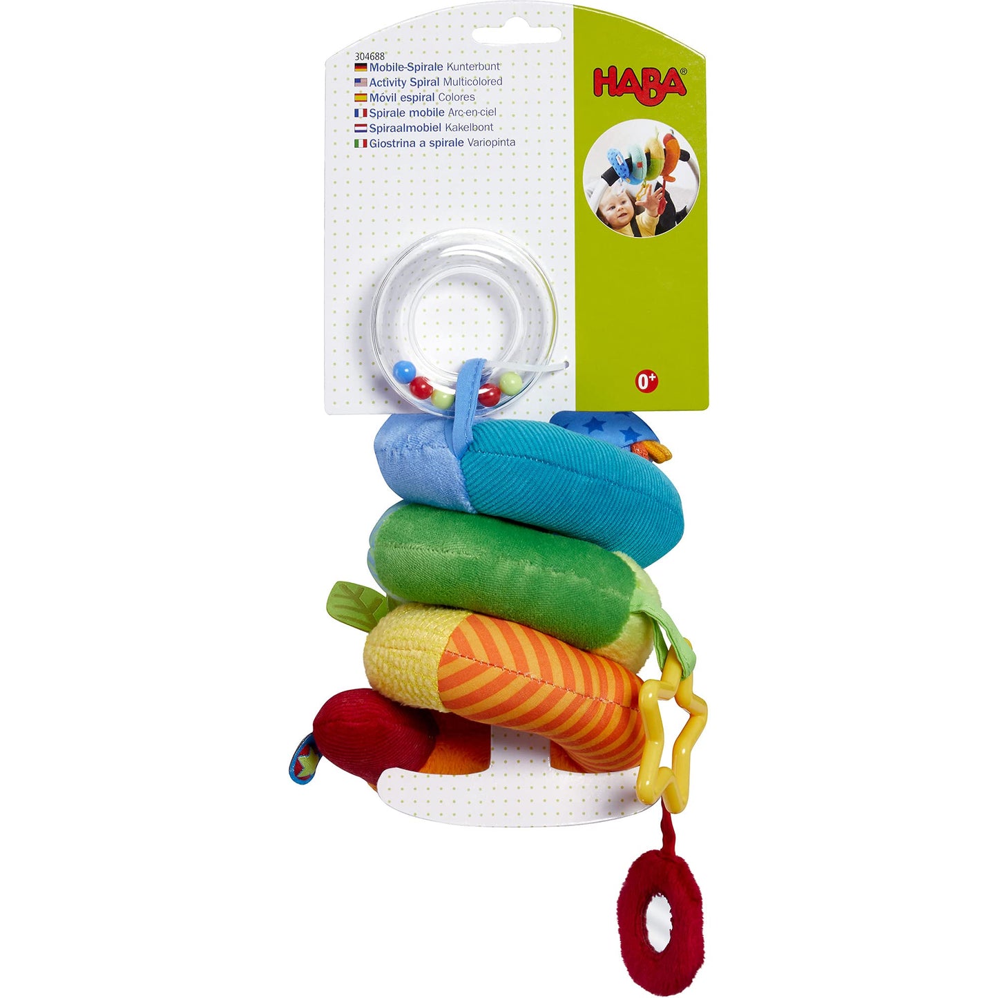 HABA Rainbow Activity Spiral Car Seat Toy and Stroller Toys for Baby 0-18 Months - Colorful Baby Travel Toy with Rattle Teething Element and Sensory Activities