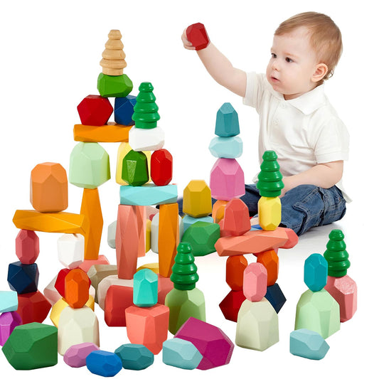 MEGRANATE 58PCS Montessori Wooden Stacking Rocks Toys Colorful Stacking Stones Building Blocks Games Sensory Toy for Toddlers Educational Learning Toys for 3+ Years Old Kids