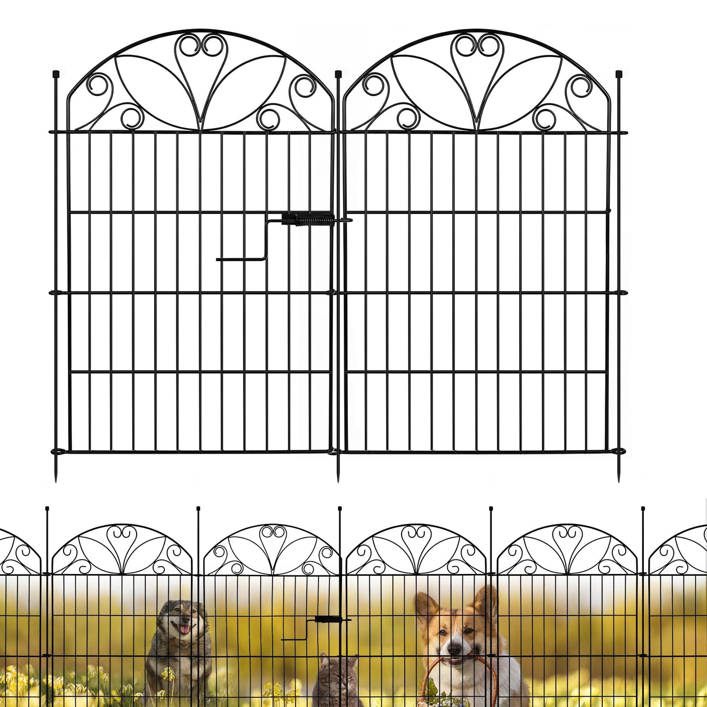 6 Panels No Dig Garden Fence with Gate, 32" H x 11ft, Decorative Metal Animal Barrier Dog Fence Outdoor for Yard, Walk-Through Iron Fencing for Flower Bed, Patio & Vegetable Garden