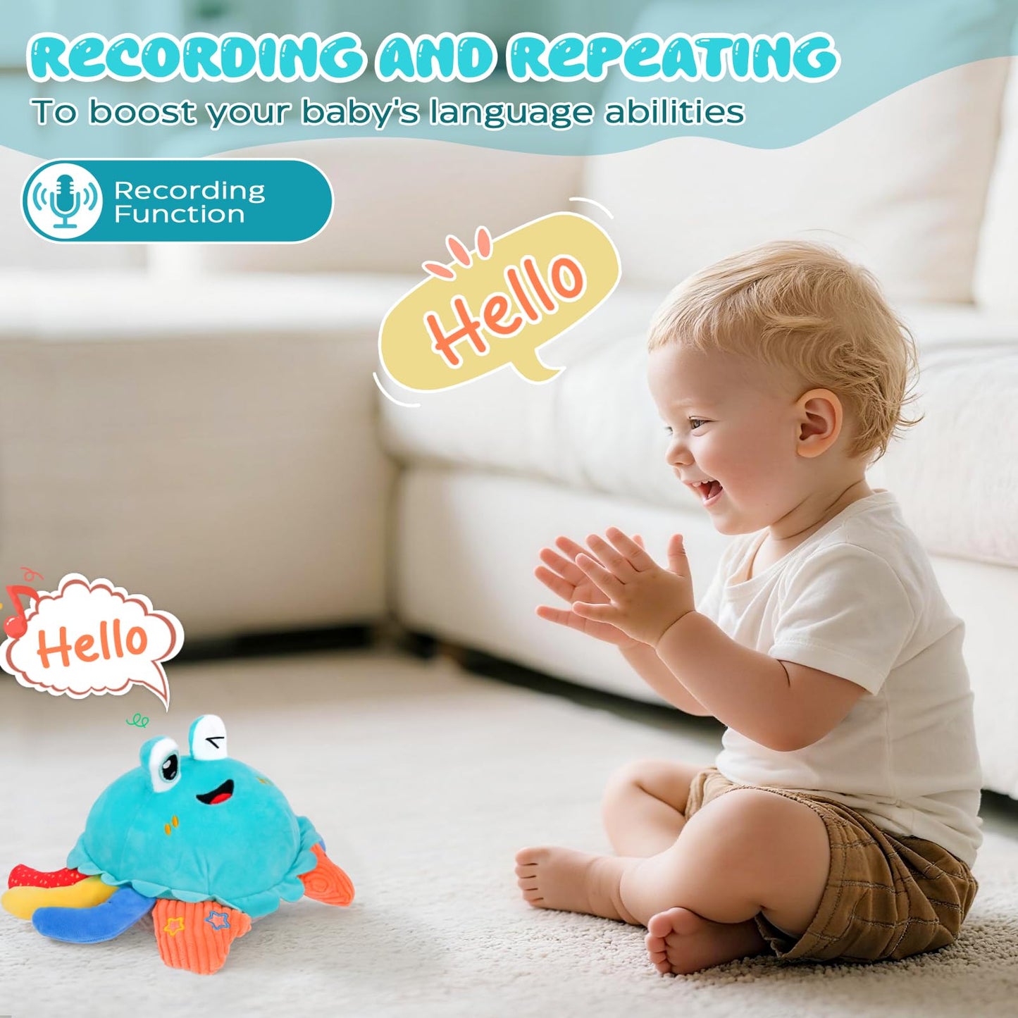 Kleikyerel Baby Toys 1 Year Old 6-12 Months, Crawling Crab Baby Plush Toy, Musical Tummy Time Toys, Dancing Moving Bouncing Recording Sensory Toys for 1 2 3 Year Old Boy Girl Gifts