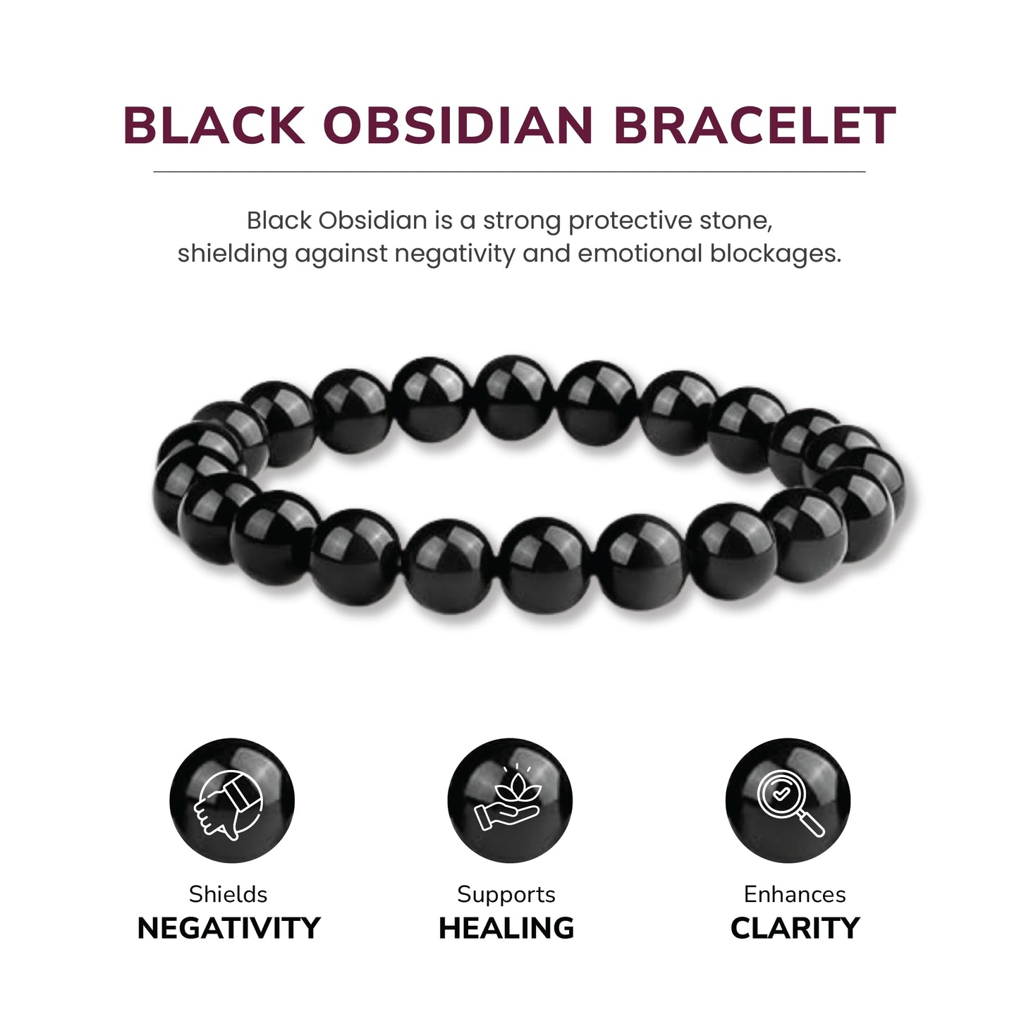 Crystal Vibe Black Obsidian Bracelet - Healing Crystal Bracelet for Spiritual Healing Positive Energy Stress Relief– 8mm Round Black Beaded Bracelets for Women Men - Elastic Adjustable Size