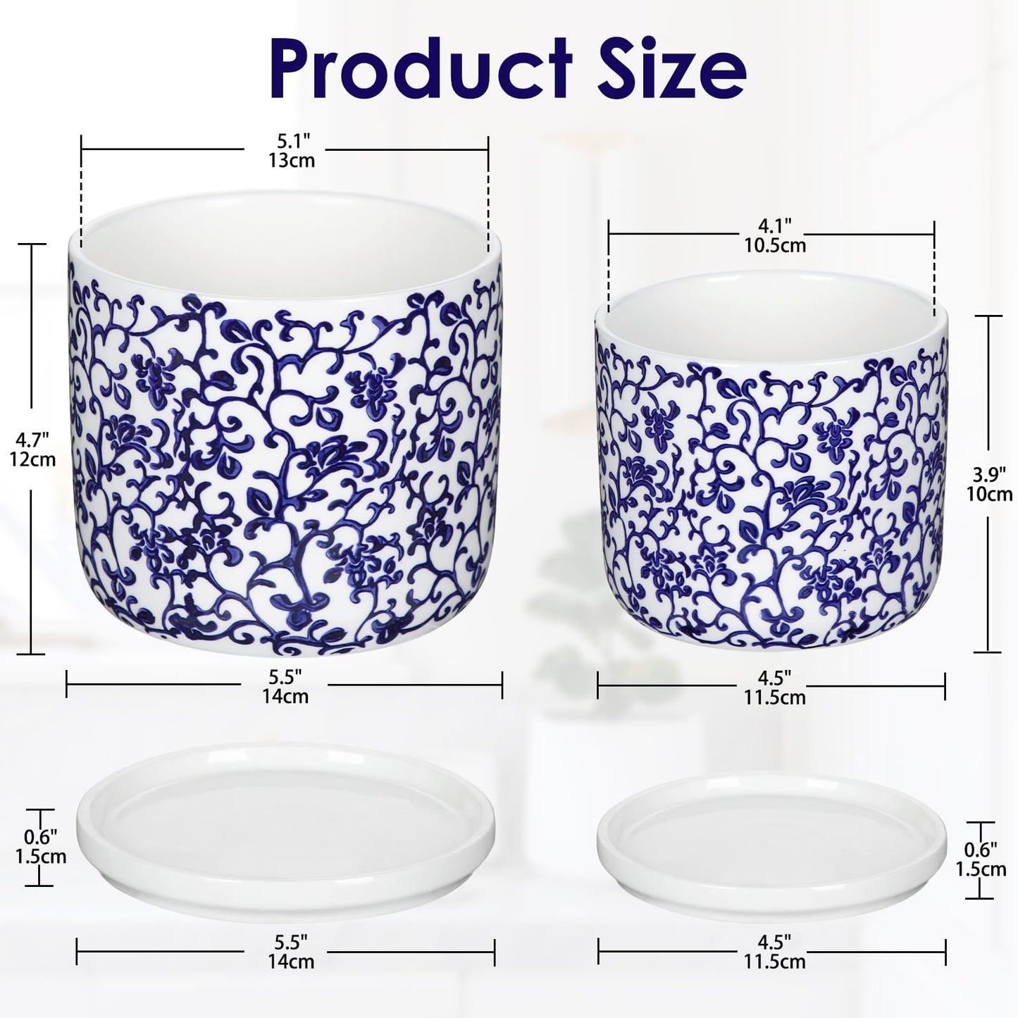 Set of 2 Blue and White Ceramic Plant Pots with Drainage Hole and Saucers, Retro Blue Porcelain Vase Round Planters for Succulent Cactus Indoor Outdoor Garden Home Desktop Decor, 4.5+5.5 Inch