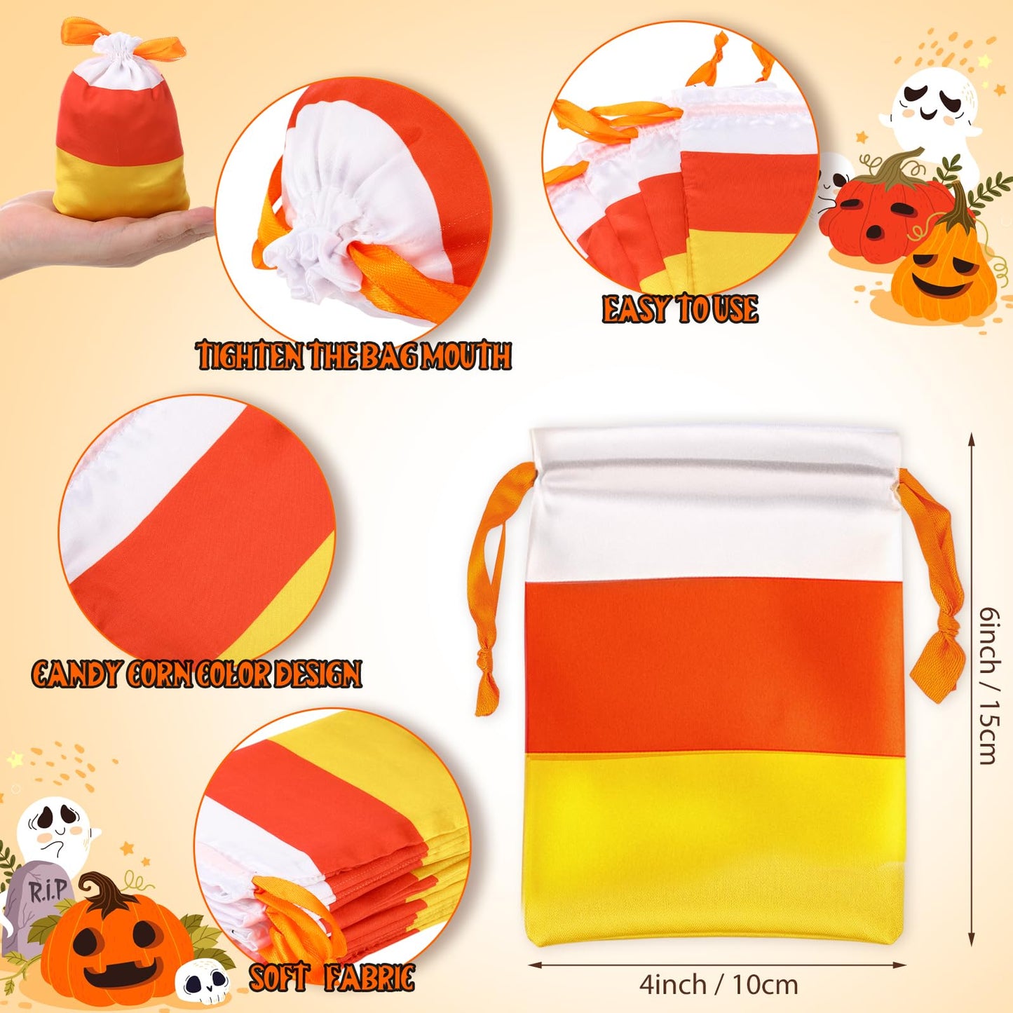 SATINIOR 24 Pack Thanksgiving Candy Corn Treat Bags Bulk Orange Fall Autumn Goodie Bags Small Satin Drawstring Funny 4"x6" Reusable Mini Gift Pouch for Holiday Party Favor Supply