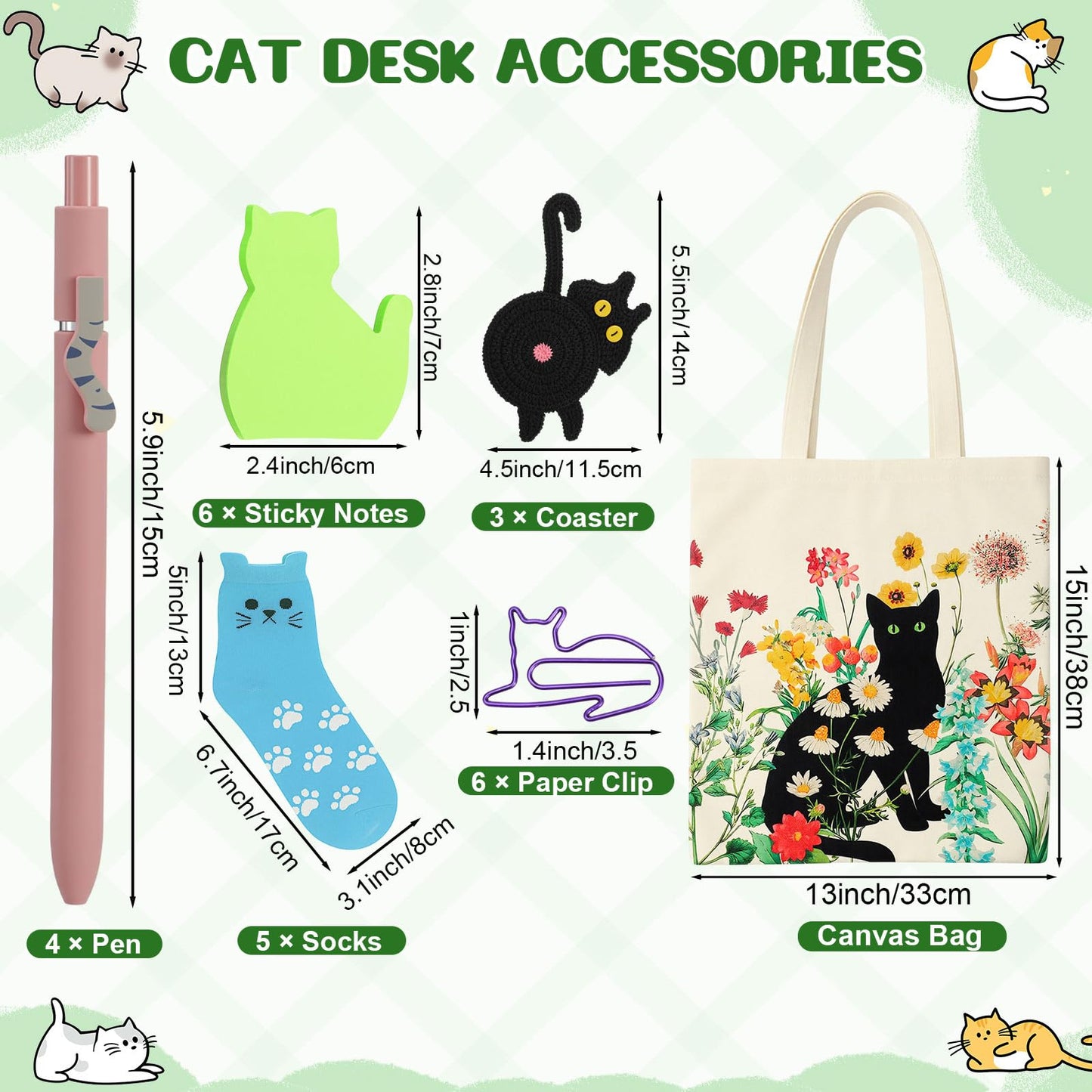 Cat Lover Gift Set for Women, 25 Pack with Tote Bag, Socks, Pens, Sticky Notes, Paper Clips and Crochet Coasters, Teacher Appreciation Gifts for Women, End of School Year