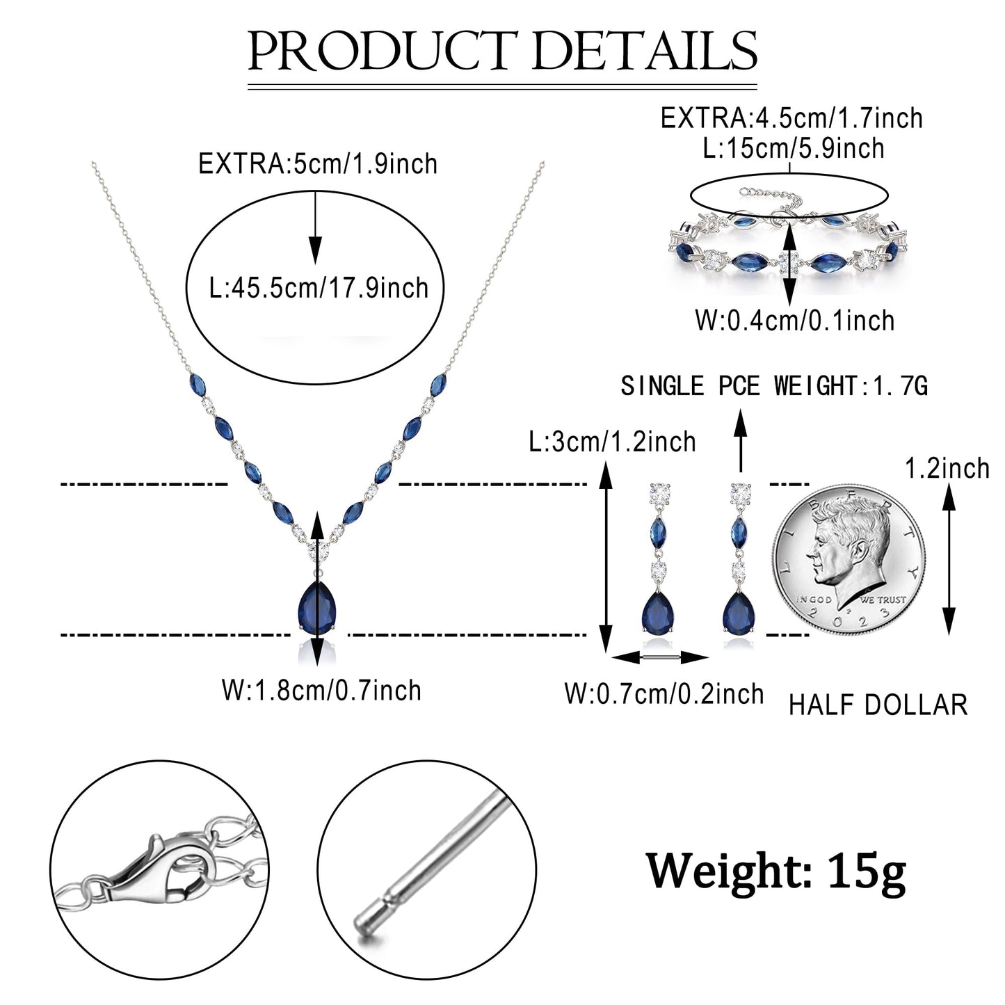 EVER FAITH Blue Cubic Zirconia Costume Party Jewelry for Women, Sparkly Sapphire CZ Elegant Teardrop Wedding Necklace Dangle Earrings Bracelet Set for Bridesmaid