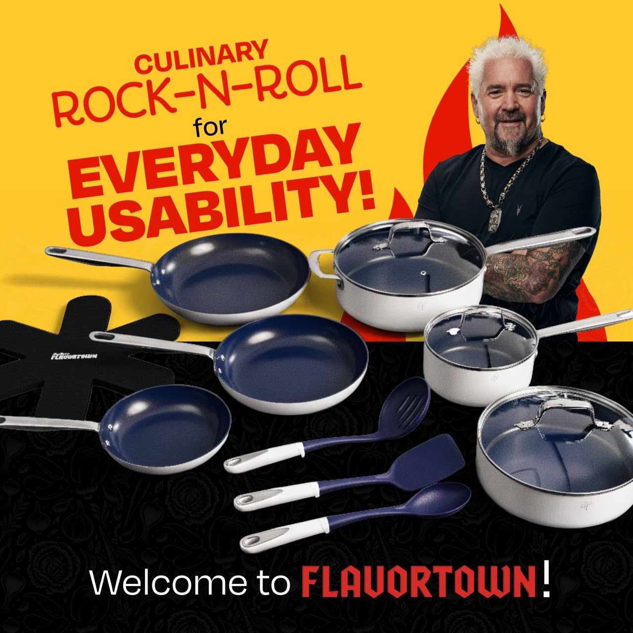 Guy Fieri's Flavortown 15-Piece Ceramic Cookware Set, Nonstick Pots and Pans for Cooking, Induction Compatible (Blue & White, 15-Piece, Induction-compatible)