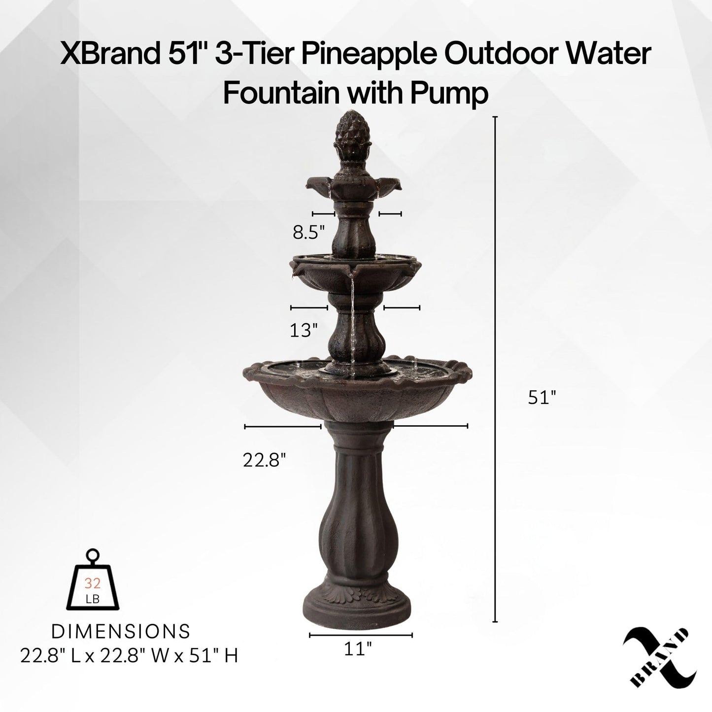XBrand 51" 3-Tier Outdoor Waterfall Fountain, Resin Freestanding Water Feature with Auto Shut-Off Pump, Brown