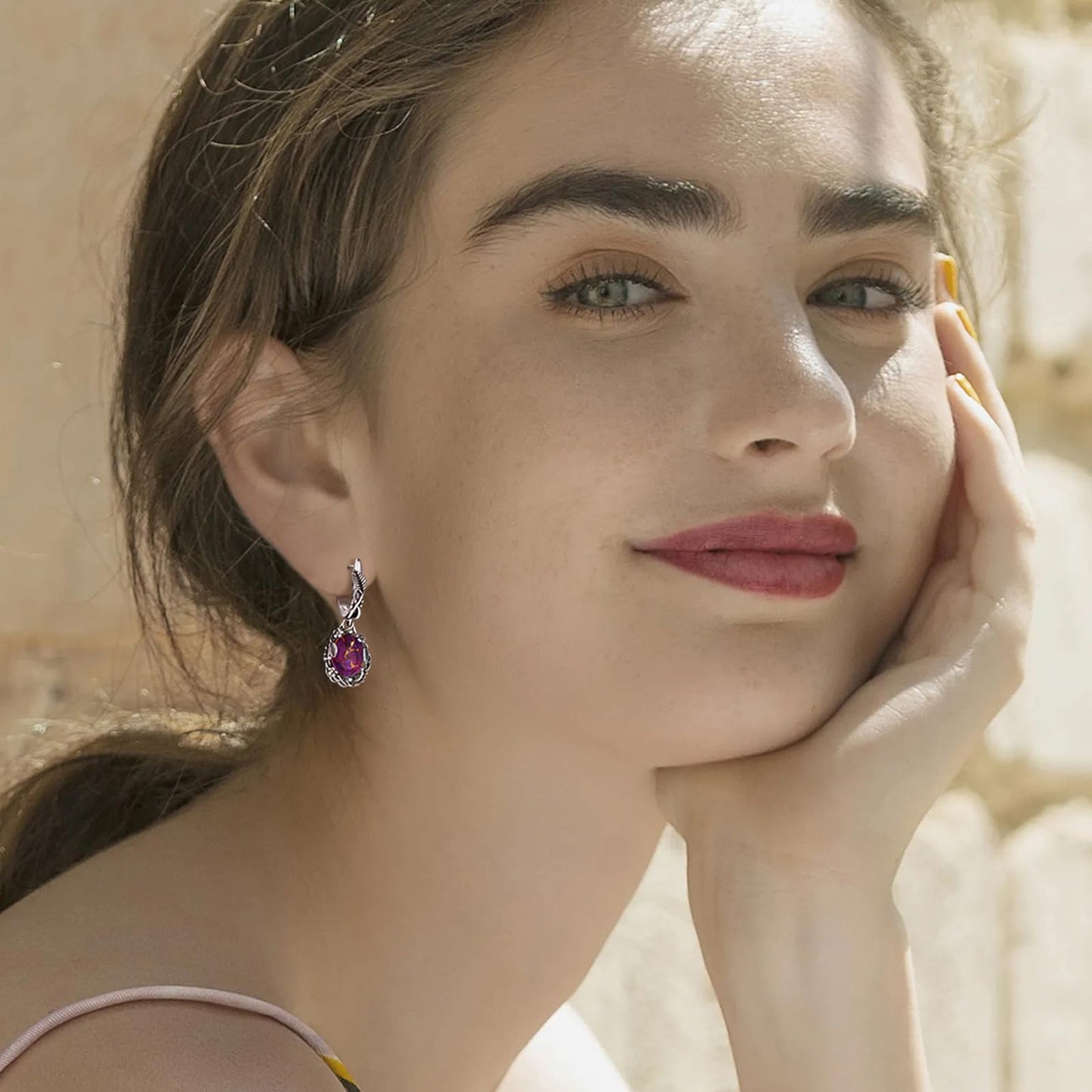 Phyonio Oval Purple Turquoise Dangle Earrings for Women Leaf Vine Flower Latch Back 925 Sterling Silver Earring Vintage Oxidised Bohemian Valentines Day Gift for Wife