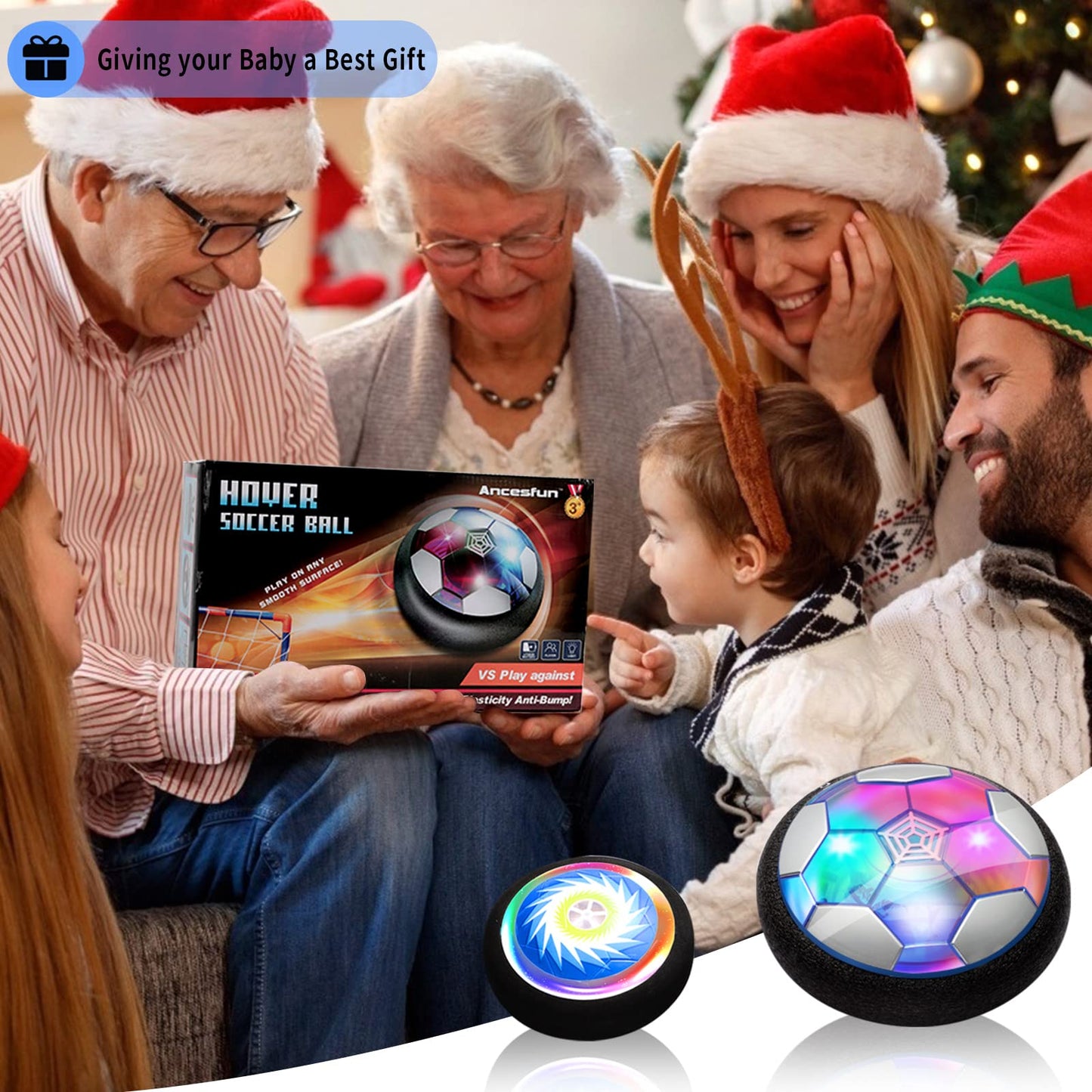 3-in-1 Hover Hockey Soccer Ball Set, Rechargeable Air Soccer and Floating Battery Hockey Kids Toys with LED Lights and Foam Bumper, 2 Goals for Boys and Girls Ages 4 5 6 7 8-12 for Indoor/Outdoor Game