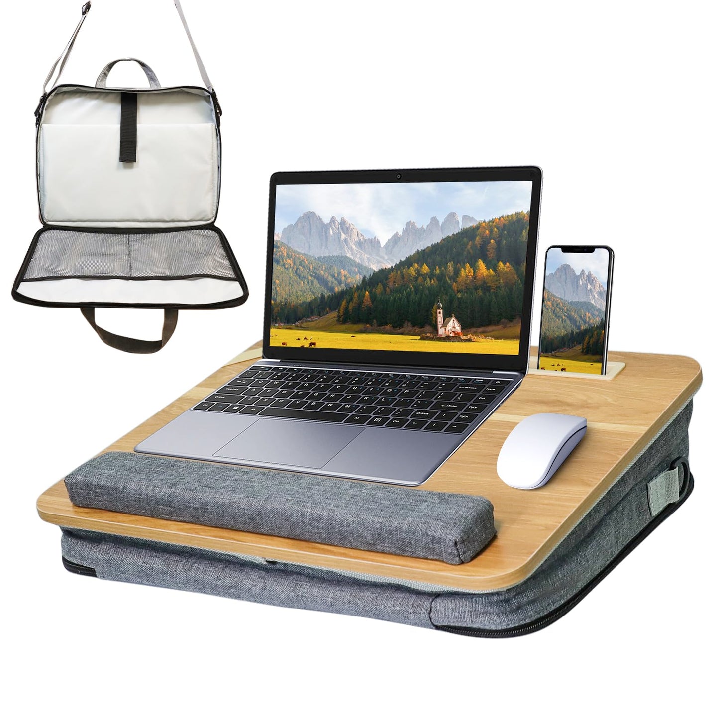 AMFIYQ Lap Desk for Laptop Stand with Cushion, Adults with Storage Fits Up to 15.6in, Combines Features Bag and Pillow Table by Travel, Portable Workstation for Home College Office(Light Brown)
