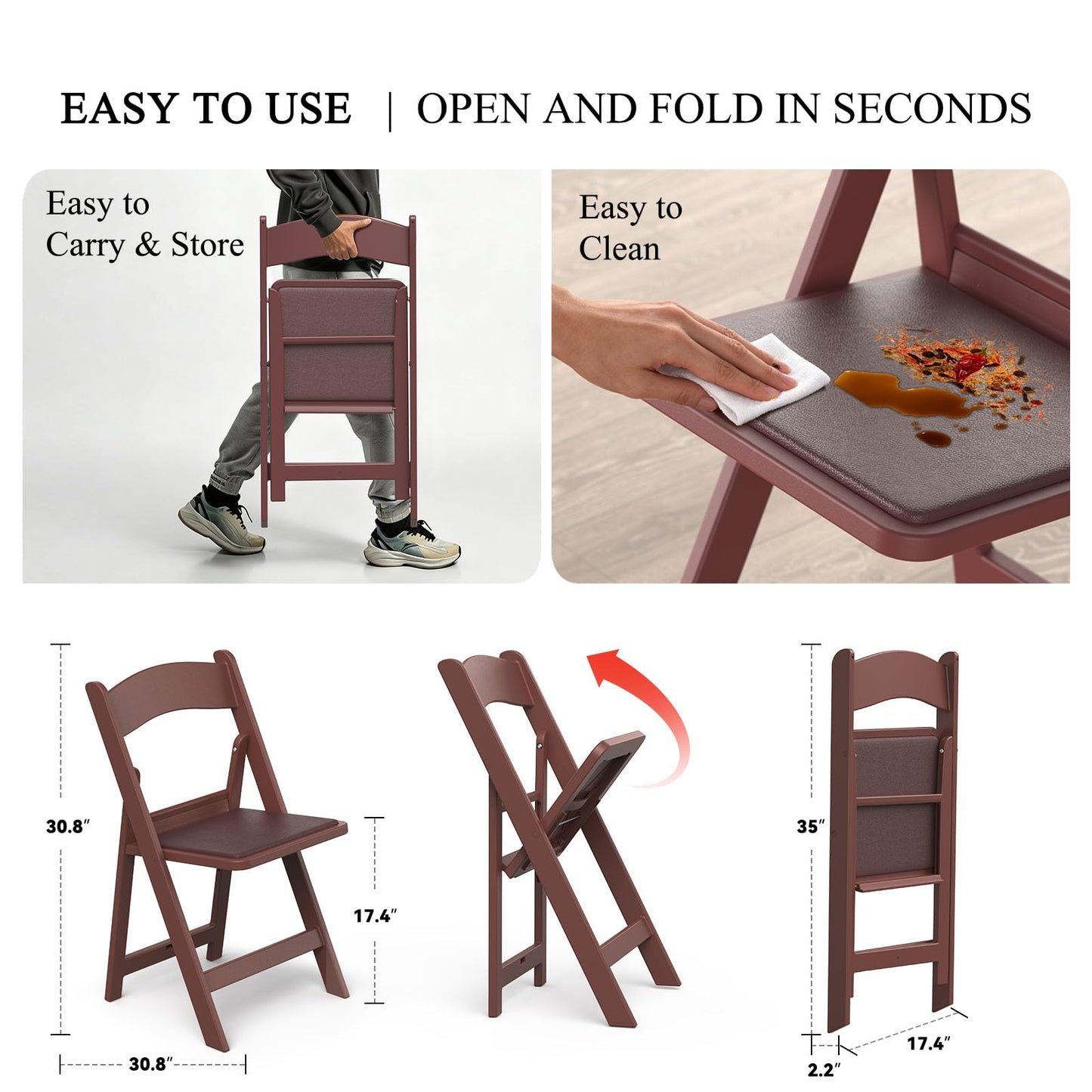 Nazhura Garden and Patio Folding Chair Set of 4 for Event and Wedding, Lightweight with Padded Seat, Water-Proof, Double Braced Frame, Non-Slip Feet, 900LB Capacity (Brown)