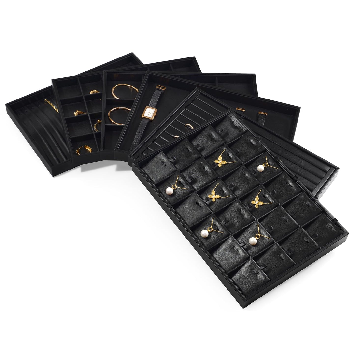Papten 24 Grids PU Leather Necklace Tray Jewelry Display Tray for Drawers With Removable Jewellery Cards Necklace Pendant Tray (Black)