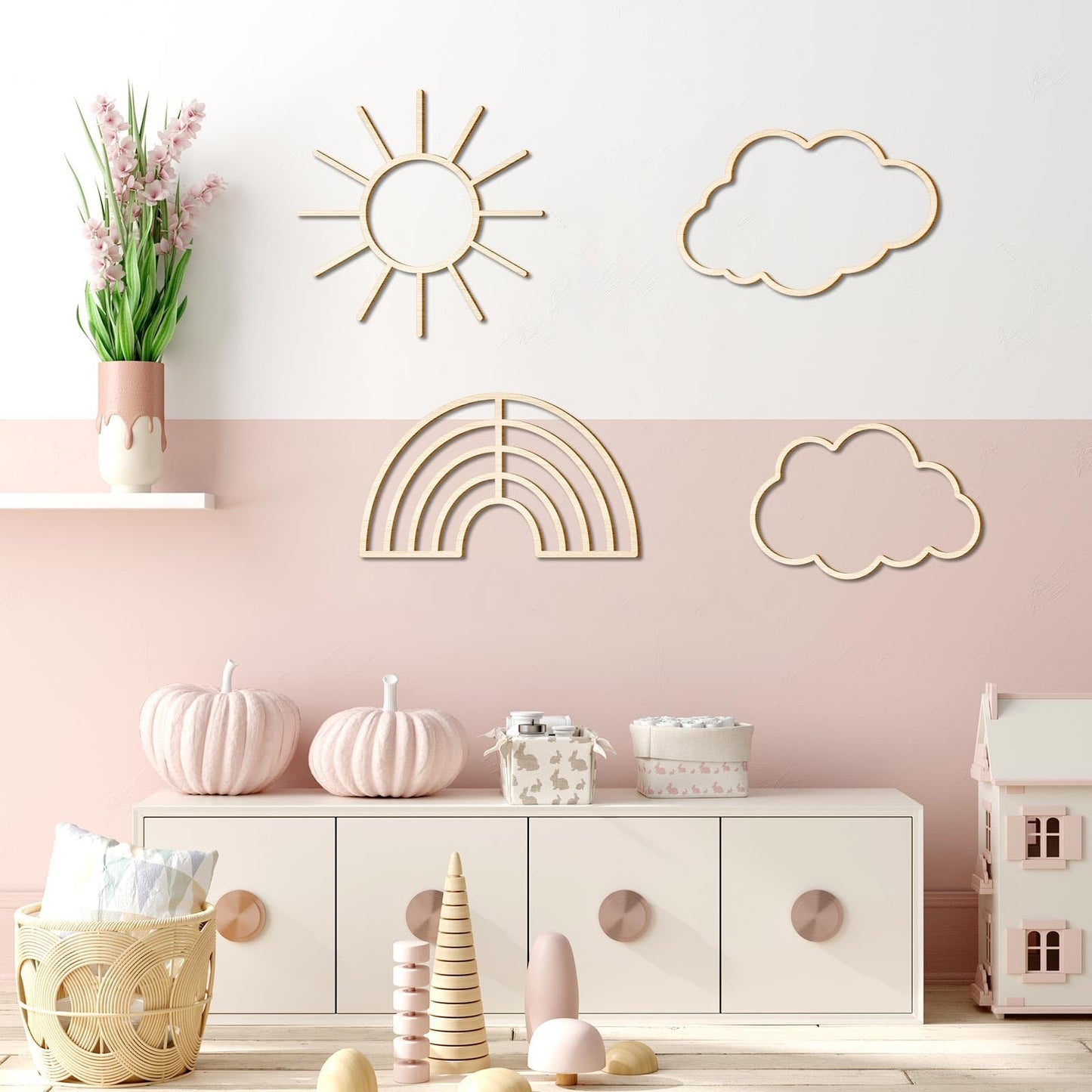 4 Pieces Boho Nursery Cloud Star Wall Decor Wooden Babyroom Moon Rattan Wall Decor Wooden Rainbow for Children Baby Kids Boys Girls Bedroom Nursery Pendant(Cloud Rainbow Sun)