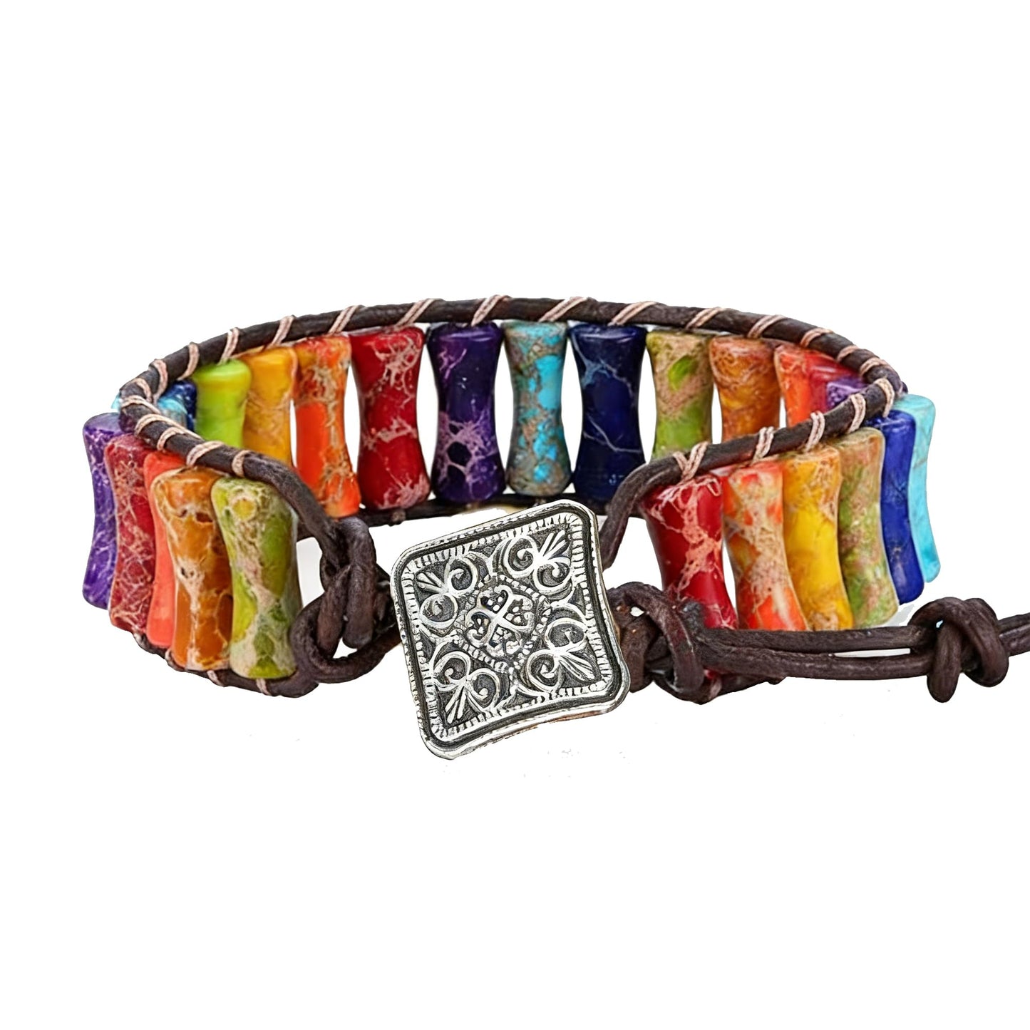 Plumiss Bohemian Rainbow Imperial Stone Bracelet - Adjustable Leather Wrap Chakra Bracelet for Women Men, Handmade Colorful Energy Stone Yoga Jewelry Gift