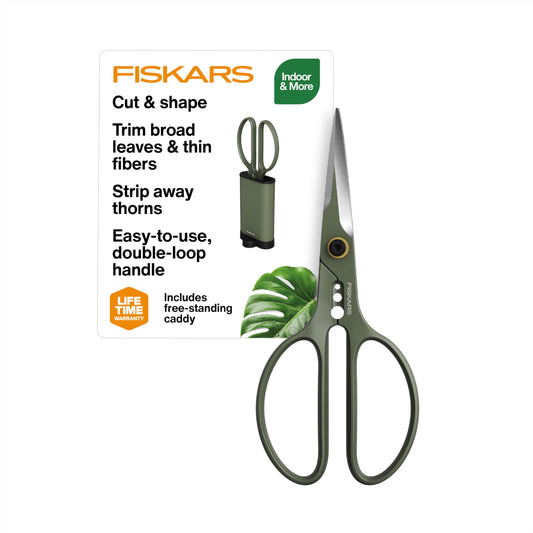 Fiskars Plant Shaping Shears & Holder, Precision Indoor Gardening Snips with Storage Caddy, Forged Stainless Steel Blades for Clean Cuts on Broad Leaves, Ambidextrous Handles & Stem Stripper, 6"