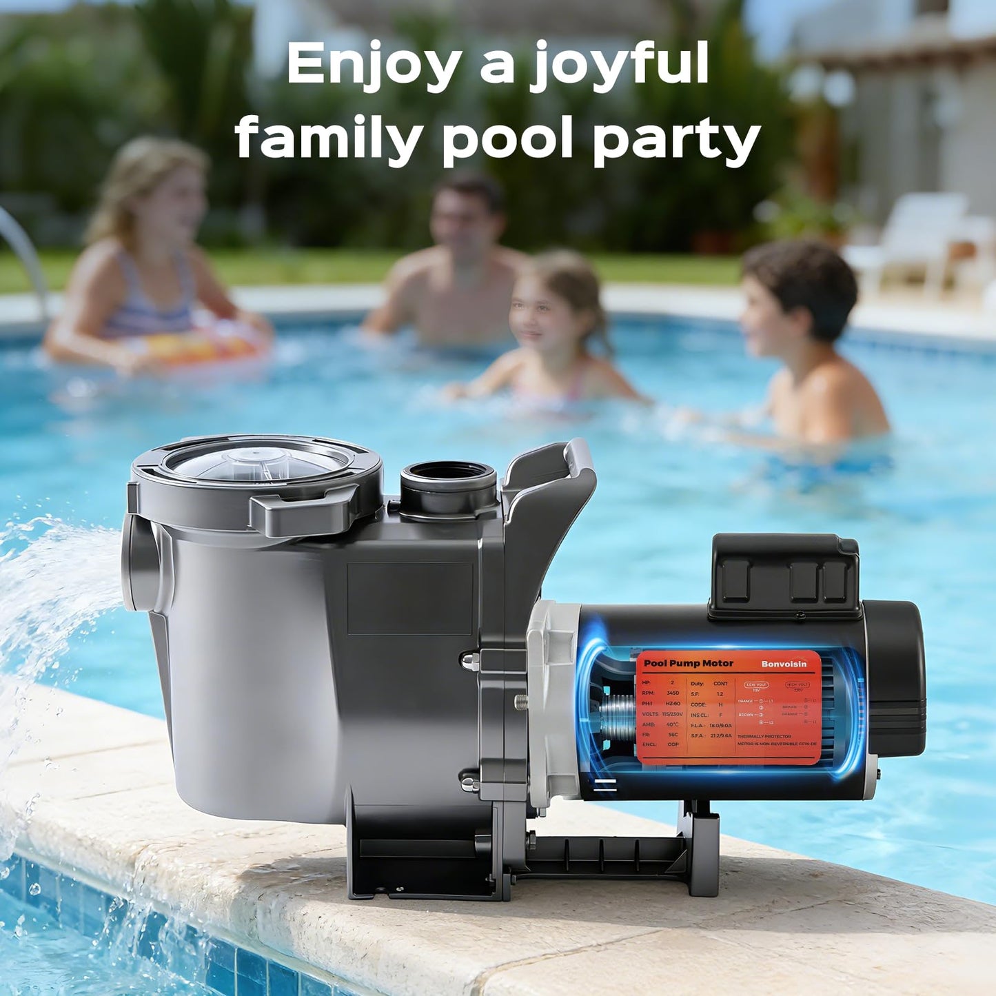 Bonvoisin 1HP Pool Pump Motor 56Y Frame 3450 RPM CCW Rotation Square Flange Replacement Motor with 80μF/300V Capacitor for Above Ground and Underground Swimming Pools 115V/230V