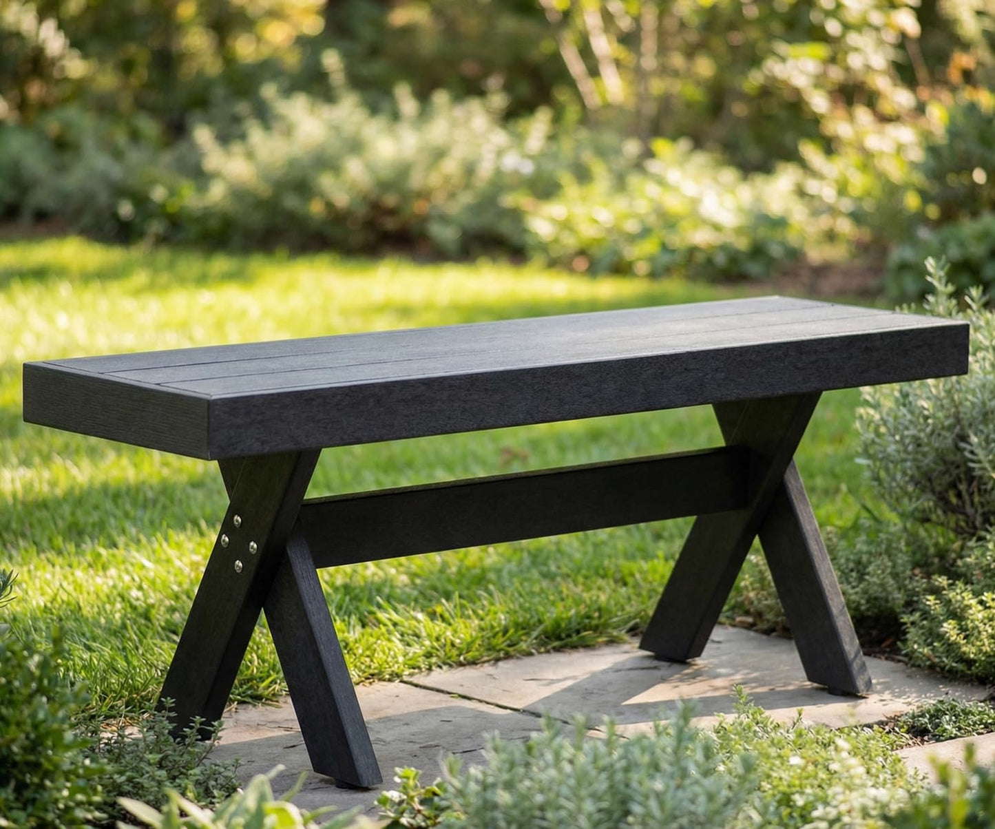 Kibaso HIPS Outdoor Bench, X-Shaped Modern Backless Garden Bench for 2 Person, All Weather Patio Bench with Wood Grain Texture, Easy Assembly for Garden, Porch, Backyard & Park-Wood-Grain Black
