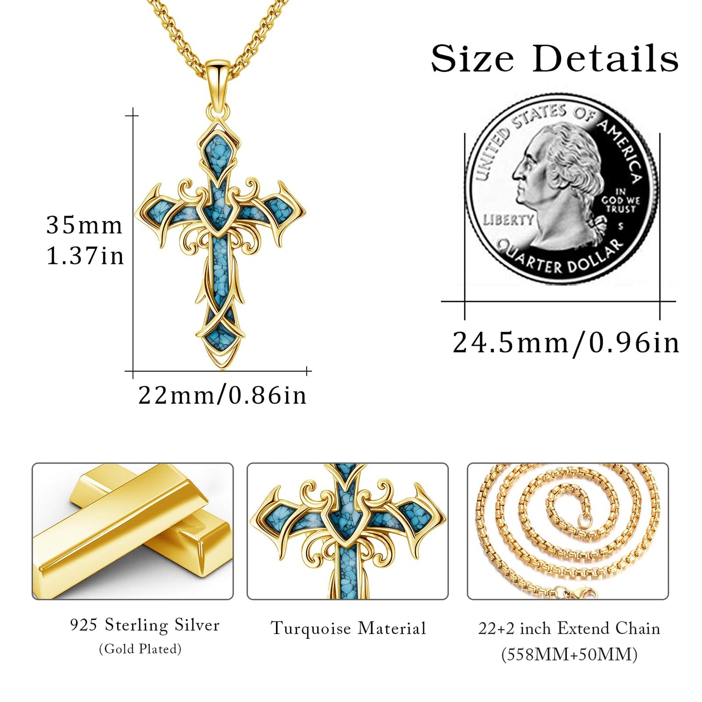 YEESIA Cross Necklace for Men Women, 925 Sterling Silver, Gold Cross Pendant Necklace with Turquoise, Christian Jewelry, Gift for Men Women
