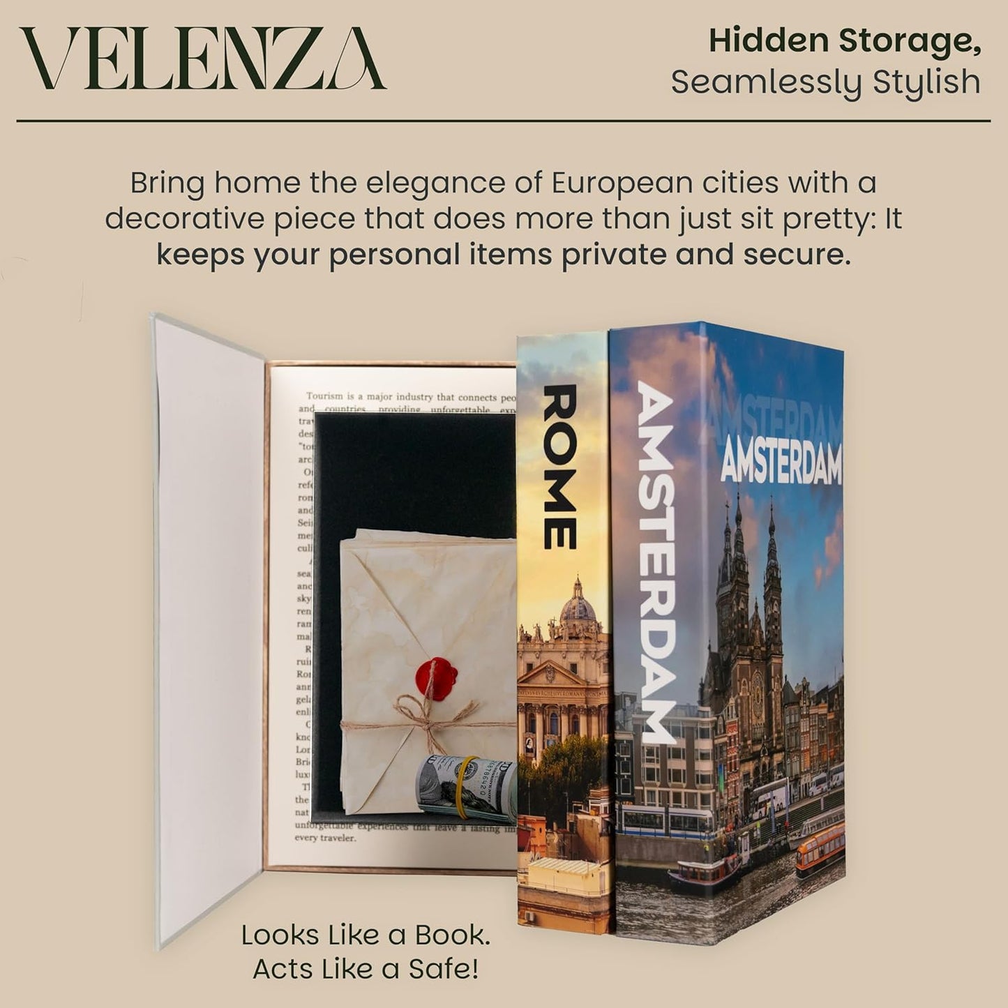 Velenza Rome Storage Book Box – Faux Books with Velvet-Lined Faux Book Storage Box Set for Keepsakes – Stylish and Functional Fake Decor Books – Travel-Inspired Home Décor (12 x 8 x 1.5 in)