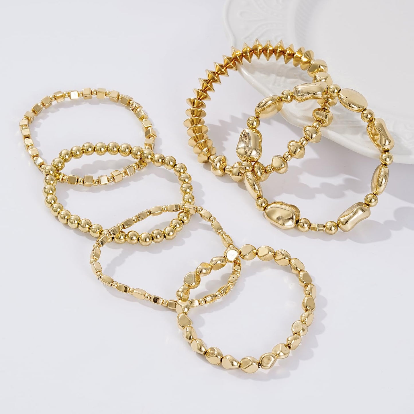 Sajidos Gold Beaded Bracelets for Women Trendy, 14K Gold Plated Stack Cross Pearl Gold Bead Stretch Bracelets Set Elastic Hypoallergenic Bracelets Jewelry Gifts (style7)