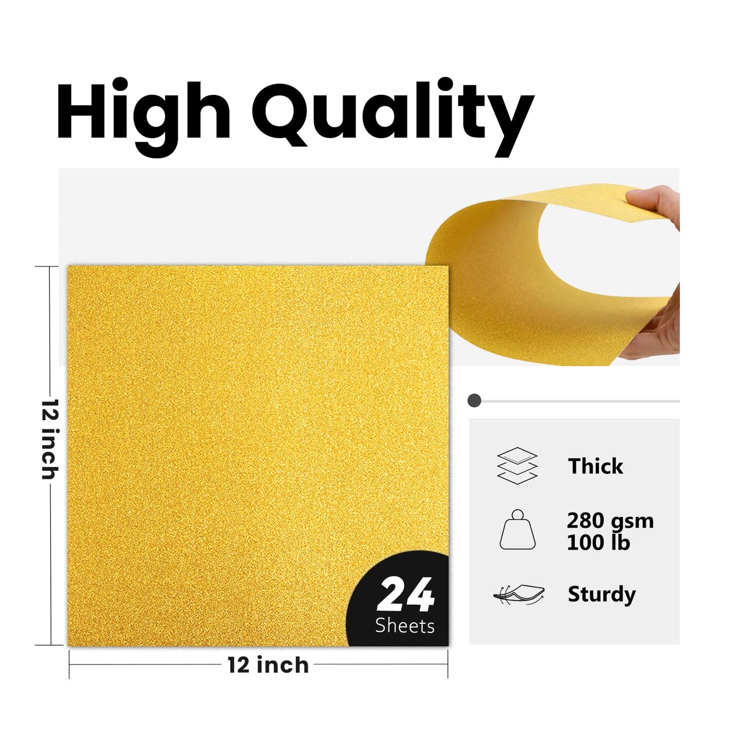 Double-sided Gold Glitter Cardstock Paper - Goefun 24 Sheets 12x12 Cardstock, 280 GSM/100 LB Gold Glitter Paper for Crafts, Birthday, Graduation