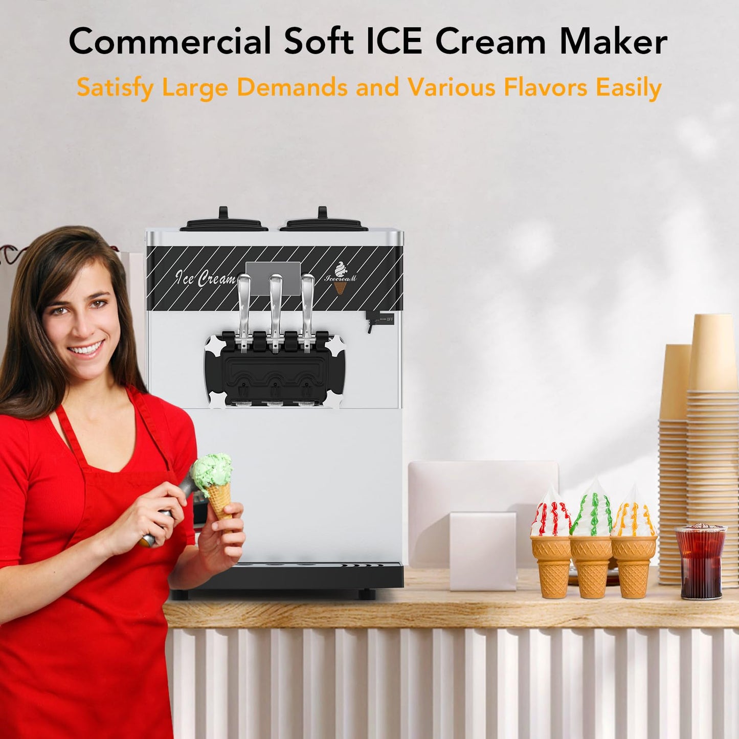 Commercial Ice Cream Maker, 5.8-7.9Gal/Hour Commercial Soft Ice Cream Machine, 2 X 7L Rangers, LED Display Design,with Auto Clean Function, 3 Flavors for Restaurants, Cream Shops
