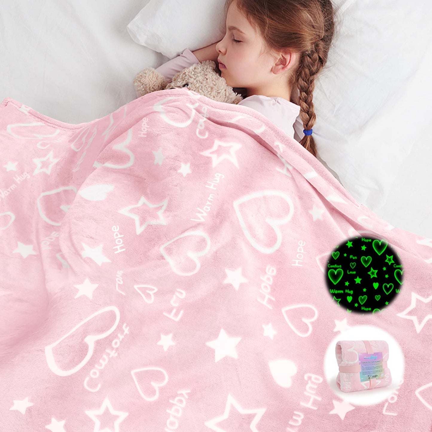 Goodhipi Glow in The Dark Heart Stars Blanket, Gifts for Girls Women Mom,Soft Warm Cozy Pink Blanket for Girls,Gifts for Mothers Day Kids Birthday Gifts Presents Kids 3-12 Age,50"x 60"