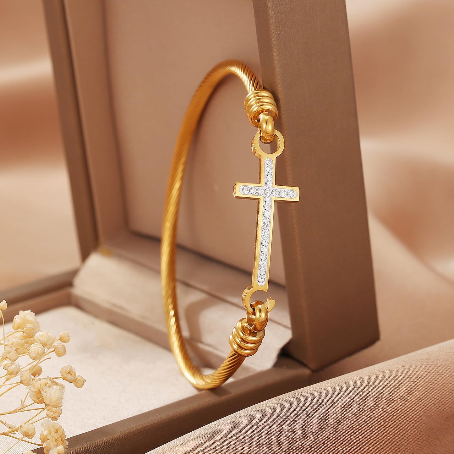 DS Religious Gift for Her Christian Cross Bracelet Bible Verse God is Within Her She Will Not Fall Inspirational Bracelets For Women Stainless Steel Jewelry Gift To Daughter Best Friend (Cross bracelet-Gold 14)