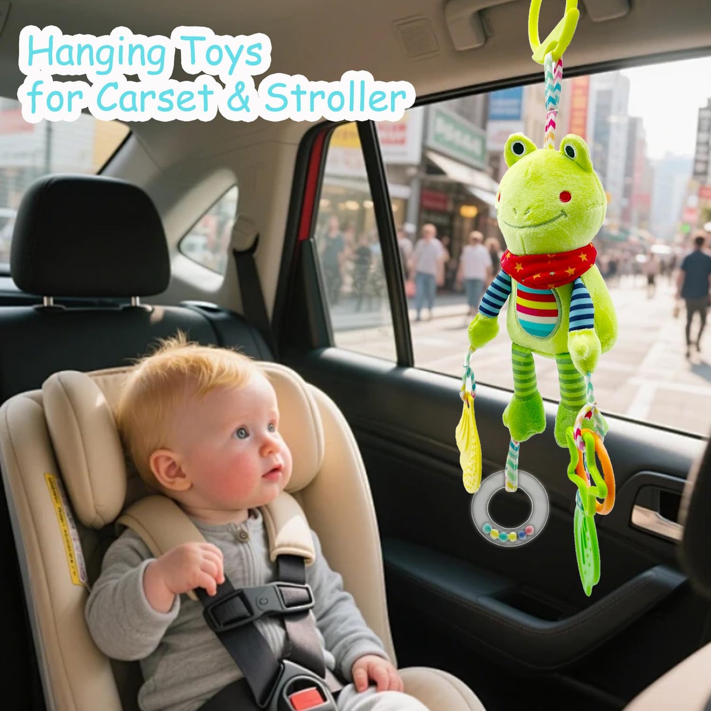 Cylazo Baby Hanging Toys, Plush Animal Stuffed Sensory Toys for Carseat Stroller Car Seat Crib Play Gym, Baby Toys for 0 3 6 9 12 Months, Baby Boys and Girls Gift (Frog)