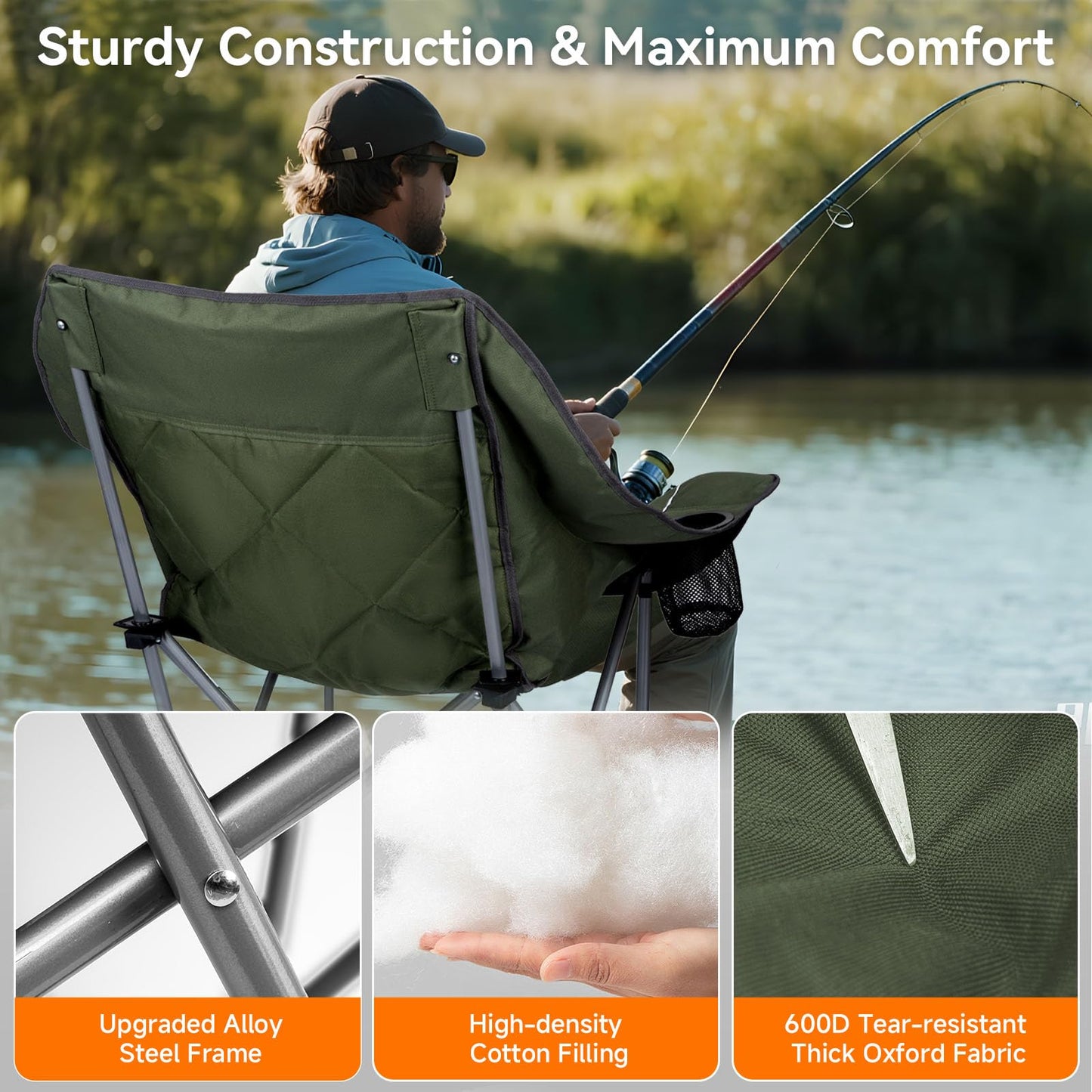 Heated Oversized Camping Chair for Adults Portable Folding Padded Chair with 3 Heat Levels Cup Holder Side Pocket and Carry Bag for Camping Outdoor Sports Picnic Green 2 Pack Set Supports up to 450lbs