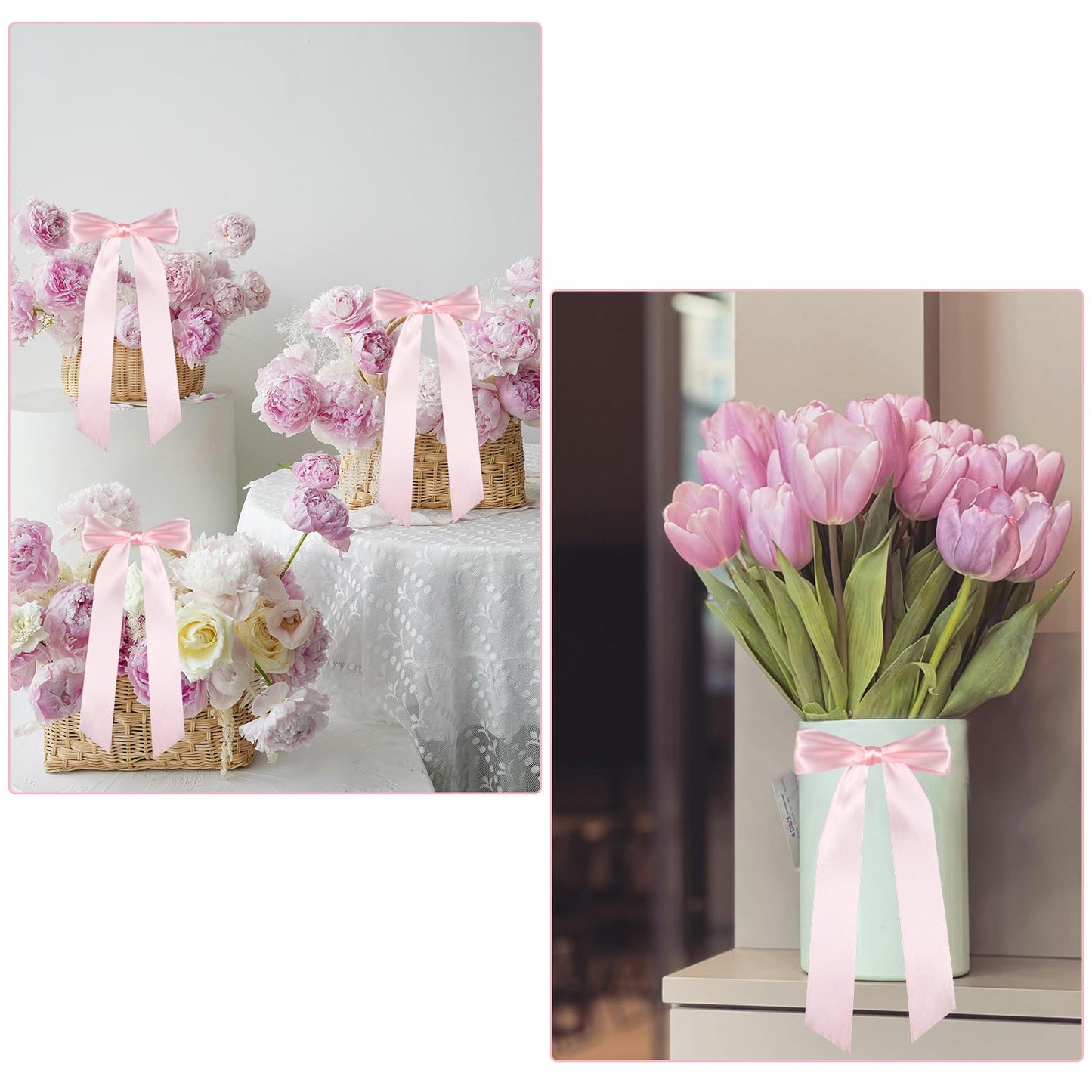 Bestanhoye 20pcs Pink Bow Decor for Girls Women, Self-Adhesive Coquette Pink Satin Ribbon Backdrop, Bows Decorations for Party Crafts Hanging Garland Banner Gift Bag