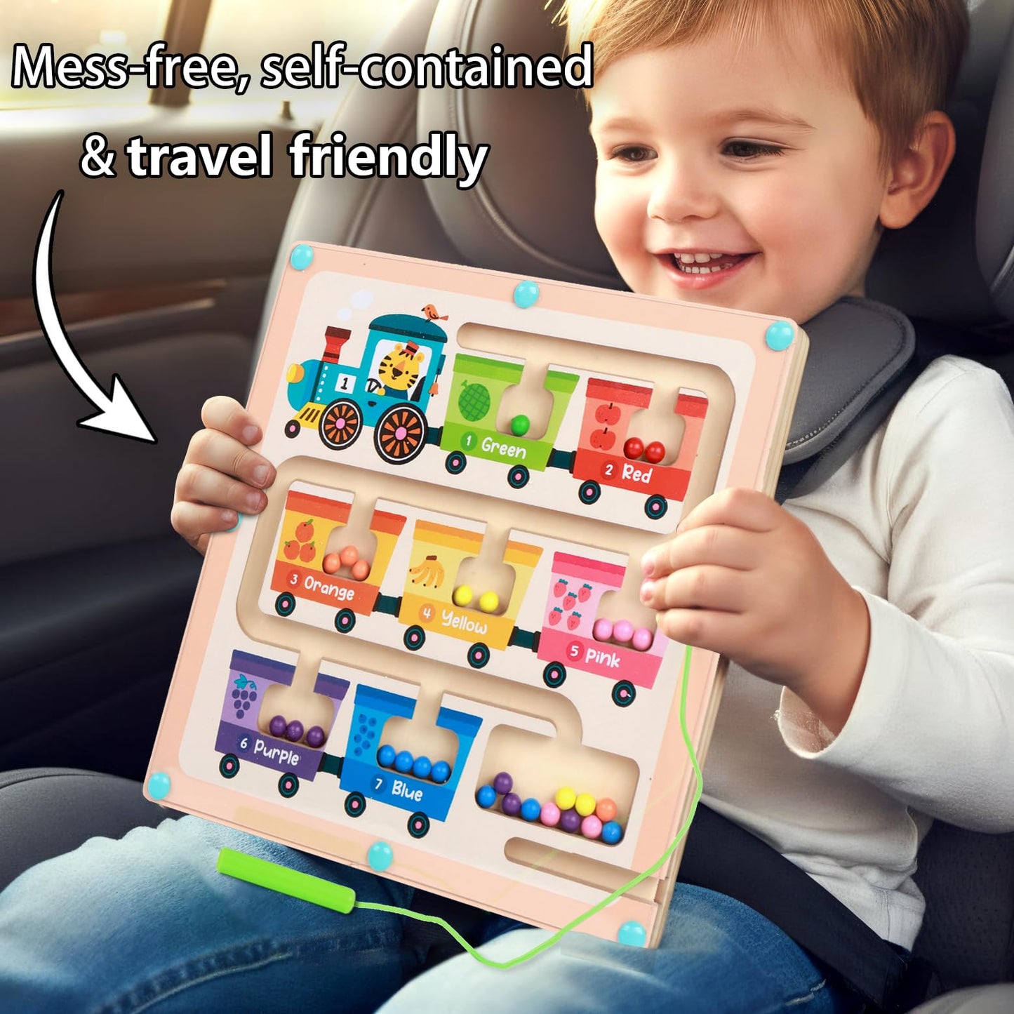 QimuMku Montessori Busy Board for Toddlers 2-4 Magnetic Color & Number Maze Wooden Fruit Train Matching Game Counting Learning Toys for Boys Girls Road Trip Essentials