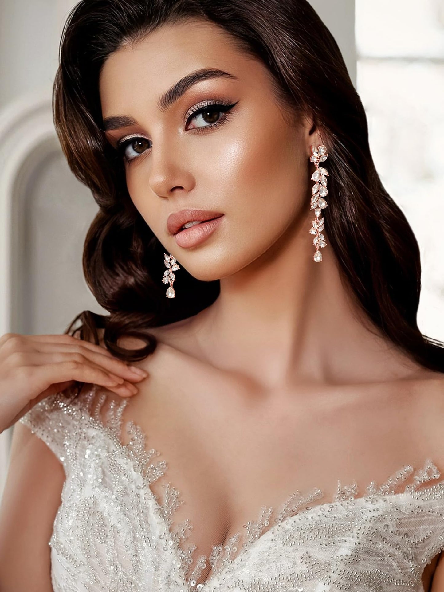 SWEETV Long Rhinestone Dangle Earrings for Women, Wedding Bridal Earrings for Brides, Crystal Chandelier Drop Earrings for Prom or Pageant, Rose Gold