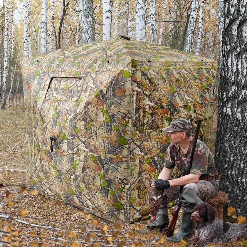 GOTRUTH Hunting Blind 270°See Through Ground Blind with Full Open Door, 3-4 Person Pop Up Deer Blind for Hunting with Carry Bag, Portable Resilient Hunting Tent for Turkey and Deer (Camouflage)