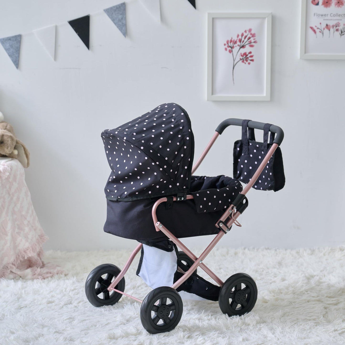 Olivia's Little World Pin Up Foldable Baby Doll Stroller- Classic Style Doll Pram with Retractable Canopy and Storage Basket, Fits 15''-18'' Dolls, Pretend Play Toy for Girls Ages 3-6