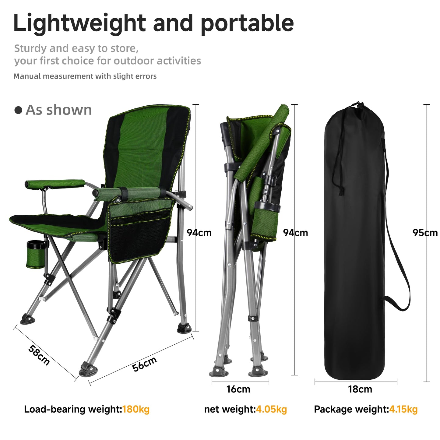 Anmiro Folding Camping Chair with Cup Holder and Storage Bag, Heavy Duty Support 400 LBS, Oversized Collapsible Portable Camping Chair for Outdoor Camp, Picnic, Travel, Fishing Green