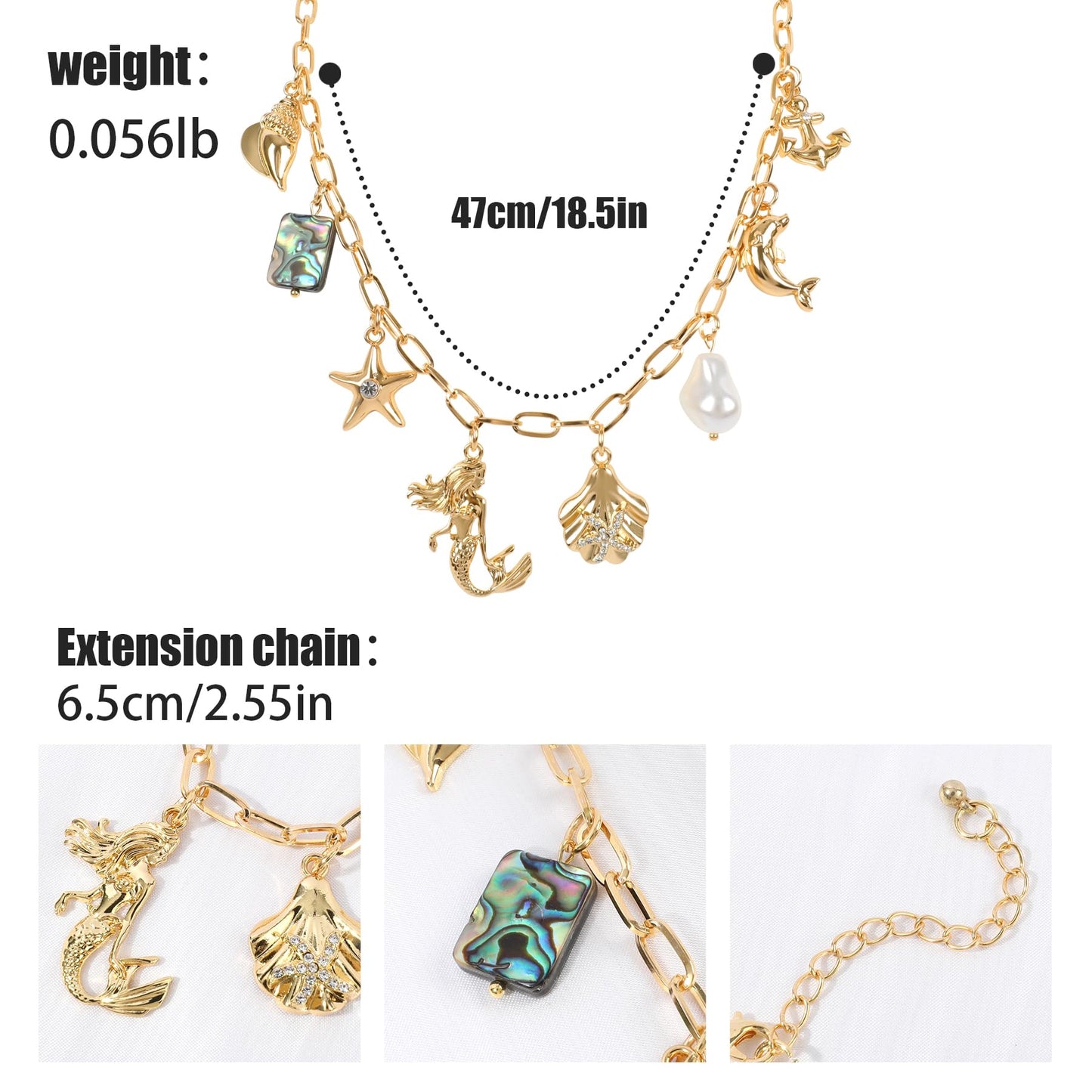 Gold Ocean Charm Necklace for Women Hawaii Chain Necklace with Cute Dangle Mermaid Shell Pearl Starfish Conch Dolphin Ship Anchor Sea Pendant Adjustable Trendy Y2K Summer Beach Jewelry Gift for Women
